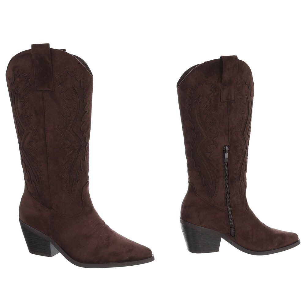 Ital-Design Damen Cowboystiefel mit Blockabsatz und Prägung Westernstiefel (92002499) Blockabsatz Stiefel in Braun – Bild 4 von 5