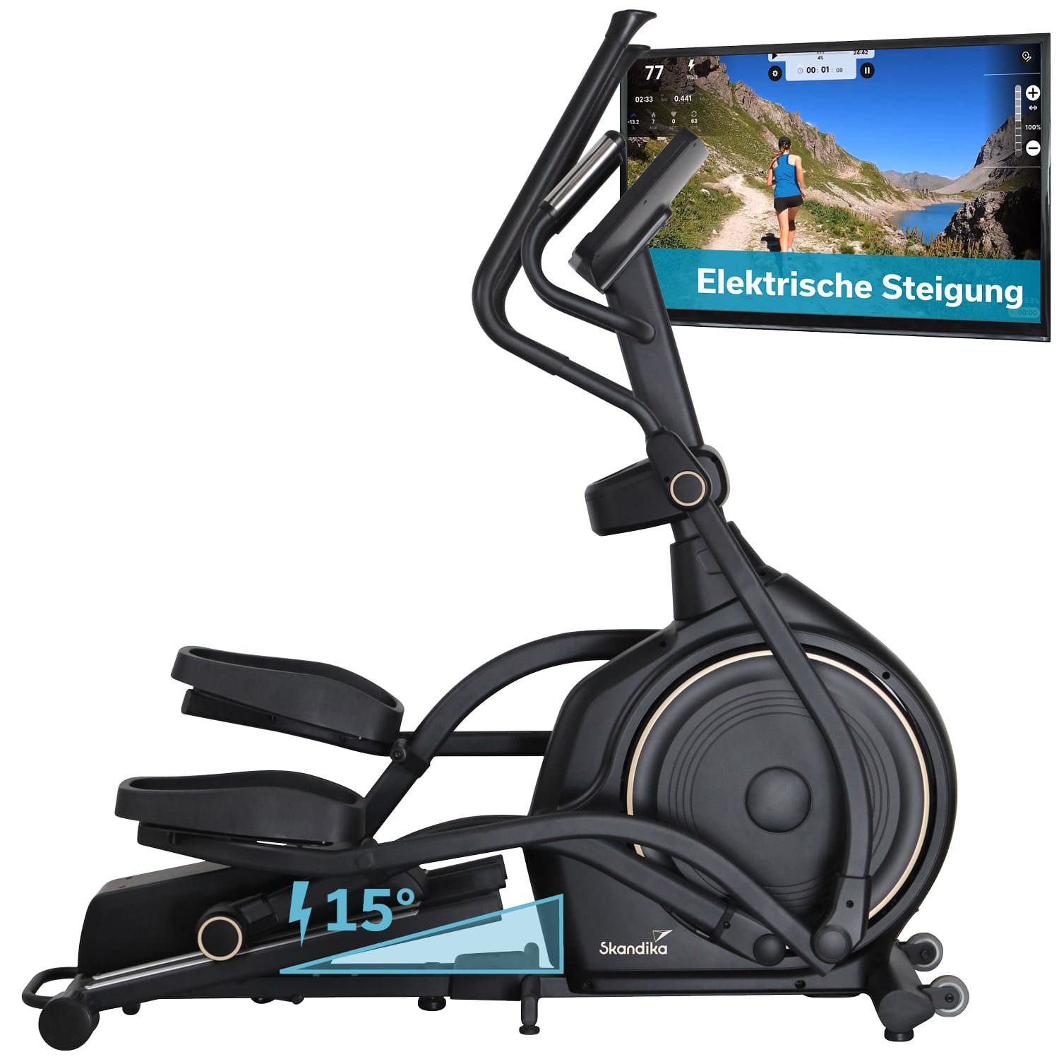 Skandika Crosstrainer Carbon P30-S, Ellipsentrainer für zuhause, 32 Widerstandsstufen (Magnetbremssystem, Tablet-Halterung, Getränkehalter, Schrittlänge 51cm), mit Steigung, bis 150 kg, Bluetooth, App kompatibel, Transportrollen