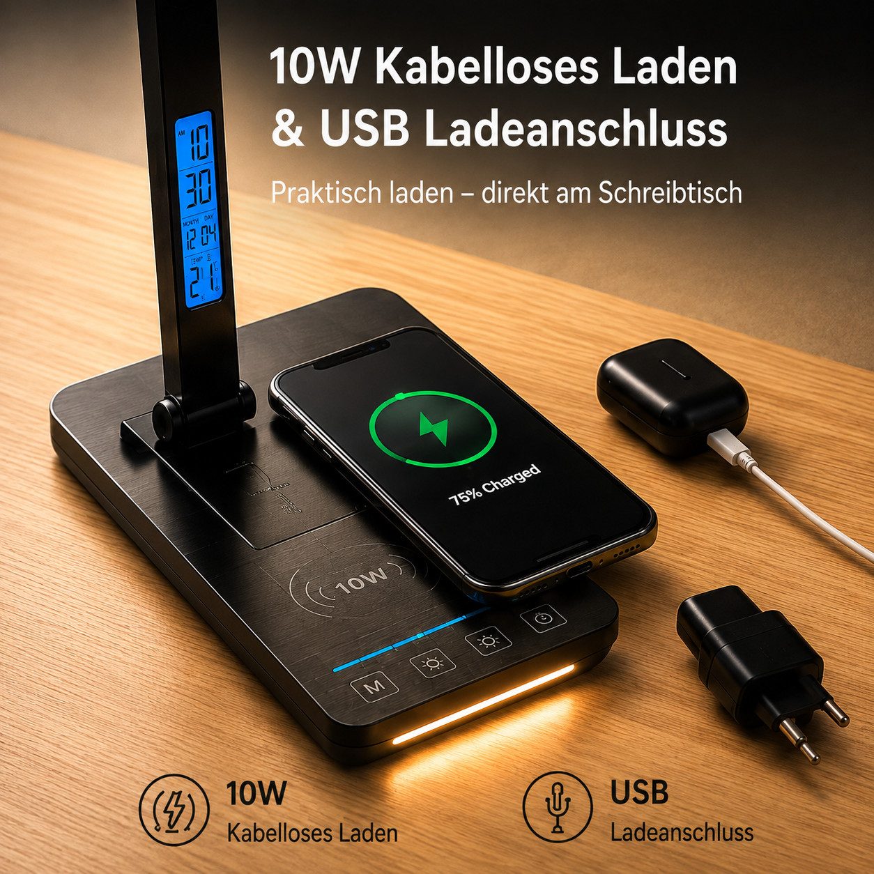 Toomoke LED Schreibtischlampe Tischleuchte, Bürolampe, Leselampe, LED fest integriert, Warmweiß, 480 lm, 10 W Qi, 5 Lichtfarben, 5 Stufen, 45-Min.-Timer – Bild 3 von 5
