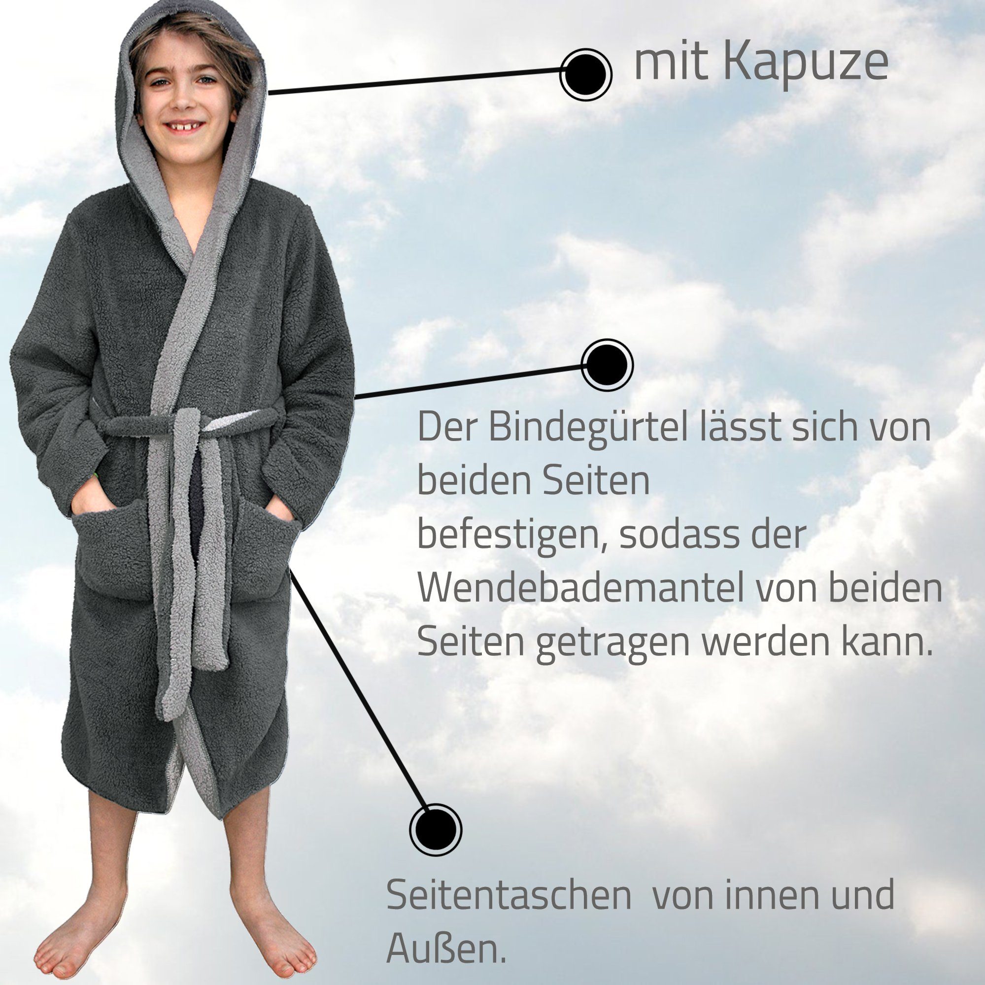 Kinderbademantel Sherpa - HOMELEVEL Kinder Schwarz Kuschelfleece für Bademantel Wende-Design, Polyester -