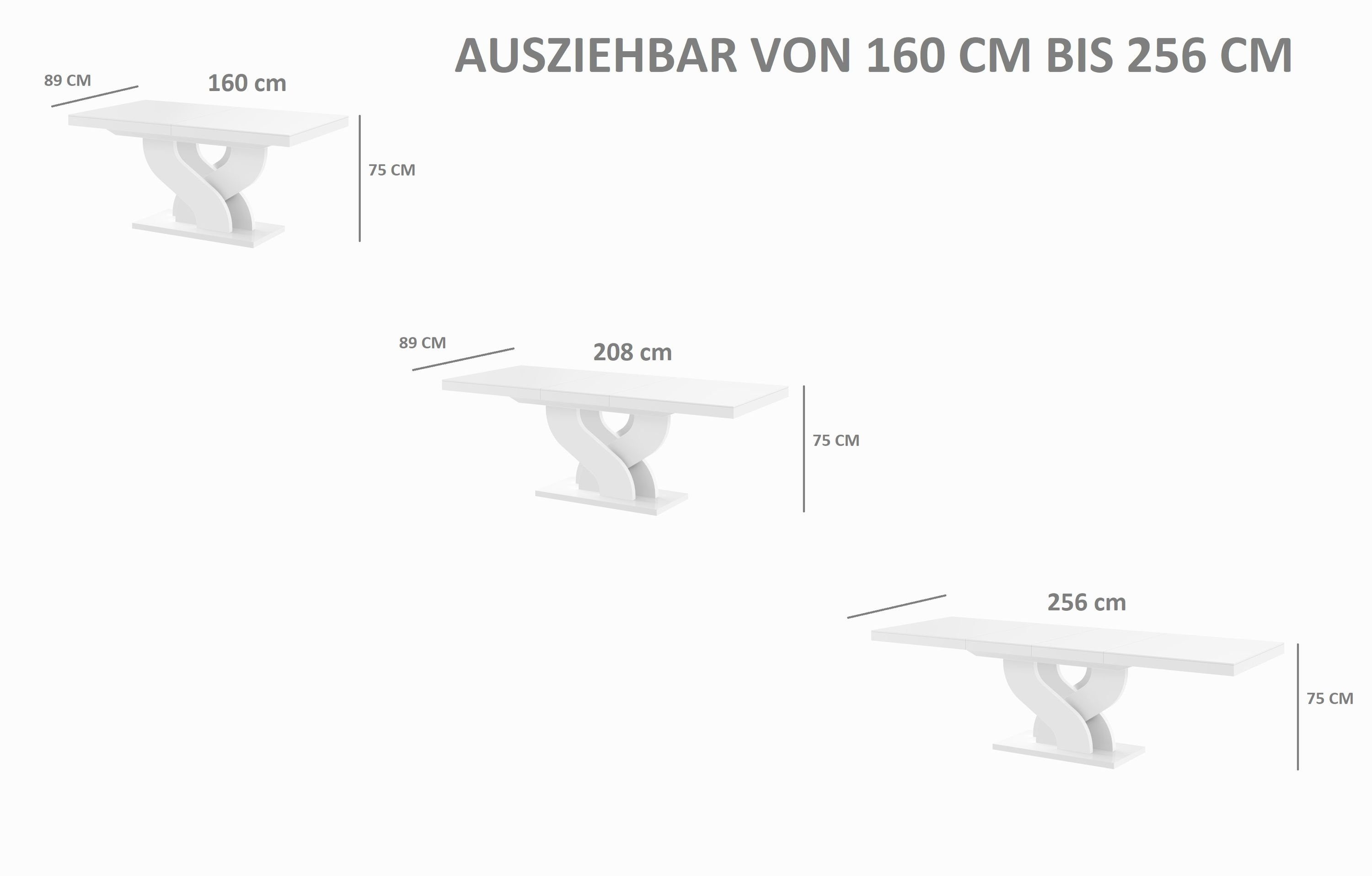 designimpex bis cm ausziehbar Grau Weiß Hochglanz 256 Hochglanz 160 / Esstisch Esstisch Hochglanz HEB-111 Design Tisch
