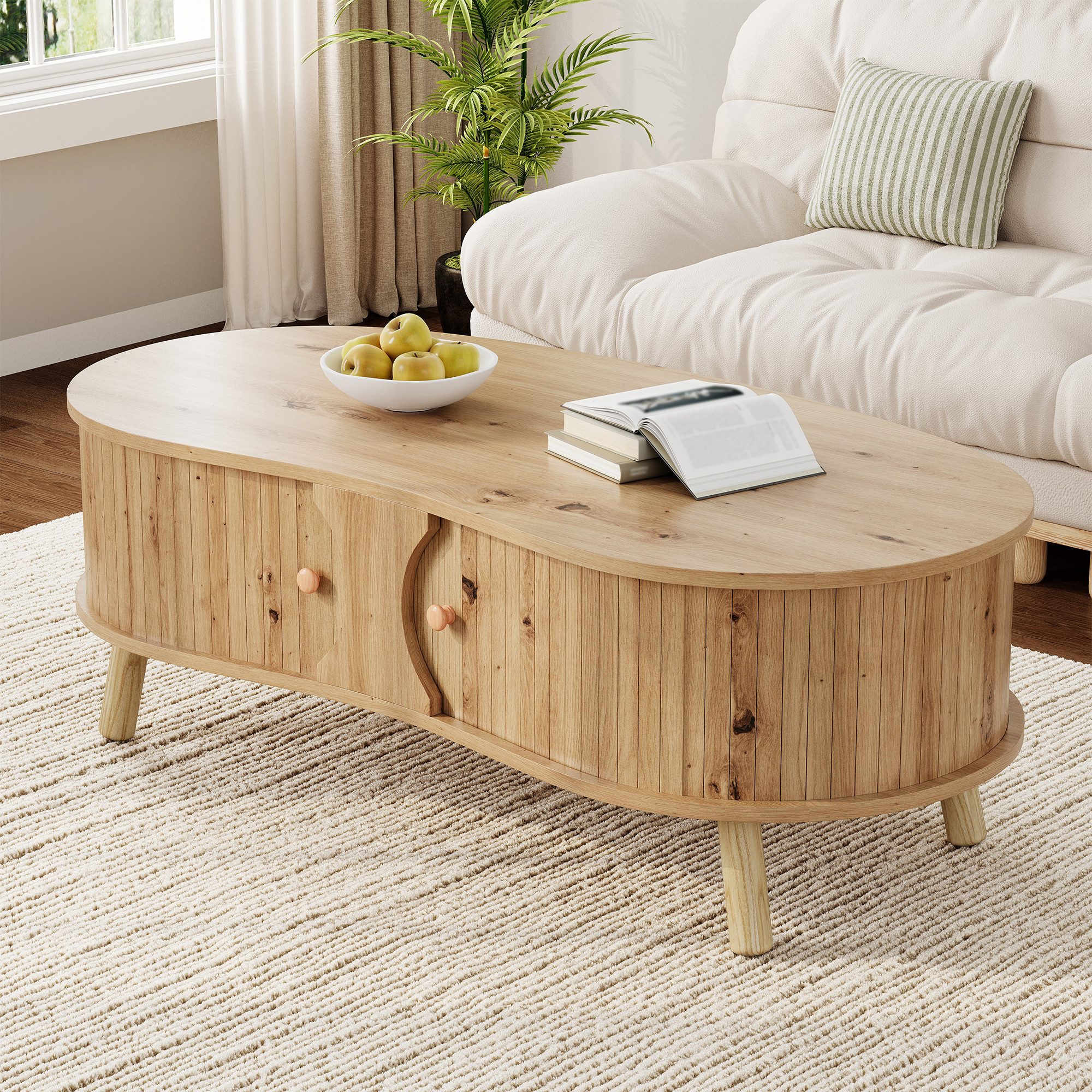 Ulife Couchtisch Erbsenförmiger mit Rillenoptik, 2 Schiebetüren, Wohnzimmertisch (1-St), Holzoptik, Massivholzbeine, MDF-Material
