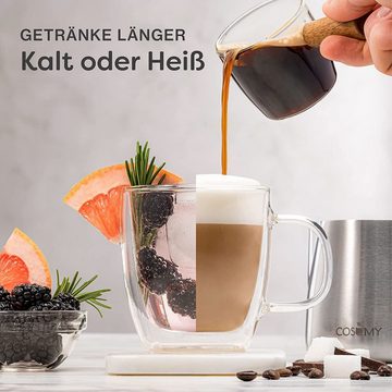 Cosumy Gläser-Set 4 Cappuccino Gläser mit Henkel doppelwandig, Glas, 4er Set - Lange Wärmehaltung - Kaffee, Cappuccino und Tee