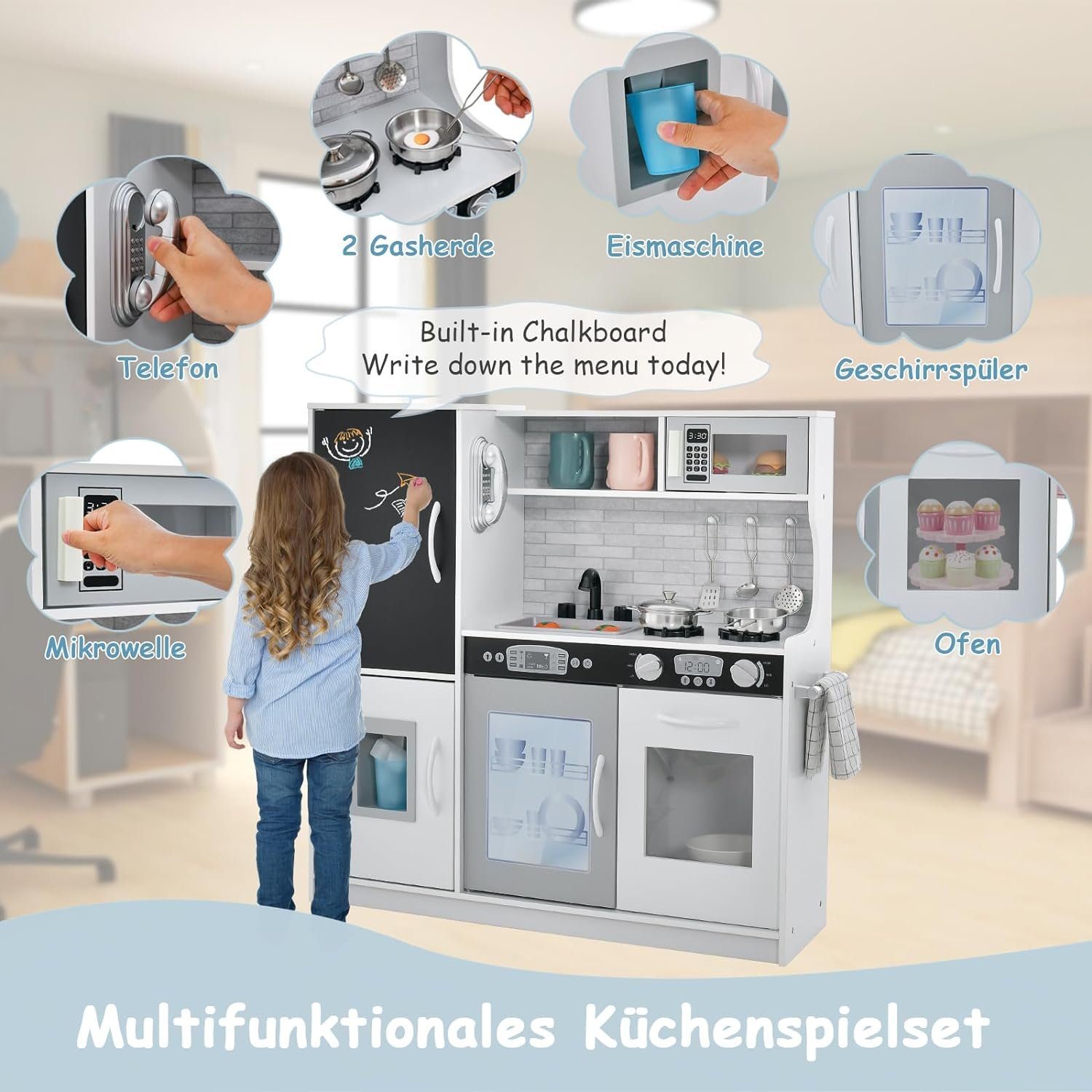 KOMFOTTEU Spielküche Kinderküche, mit Mikrowellen, Backofen, Wasserbecken, Kreidetafel & Eismaschine