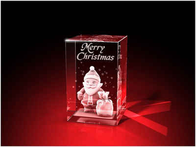 GLASFOTO.COM Dekofigur 'Merry Christmas' Weihnachtsmann als 3D-Innengravur in Kristallglas (1 Stück), besonderes Geschenk zu Weihnachten oder zum Geburtstag