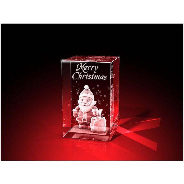GLASFOTO.COM Dekofigur 'Merry Christmas' Weihnachtsmann als 3D-Innengravur in Kristallglas (1 Stück) besonderes Geschenk zu Weihnachten oder zum Geburtstag