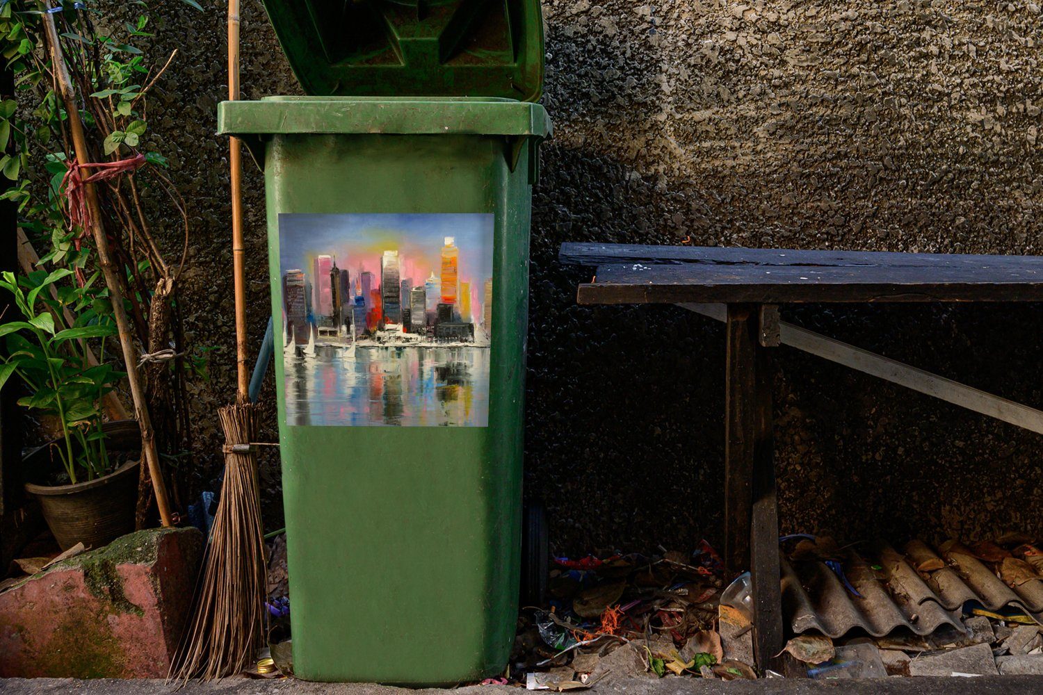 MuchoWow Wandsticker Gemälde - Mülleimer-aufkleber, Sticker, St), Skyline Wasser Container, - Abfalbehälter (1 - Öl Mülltonne