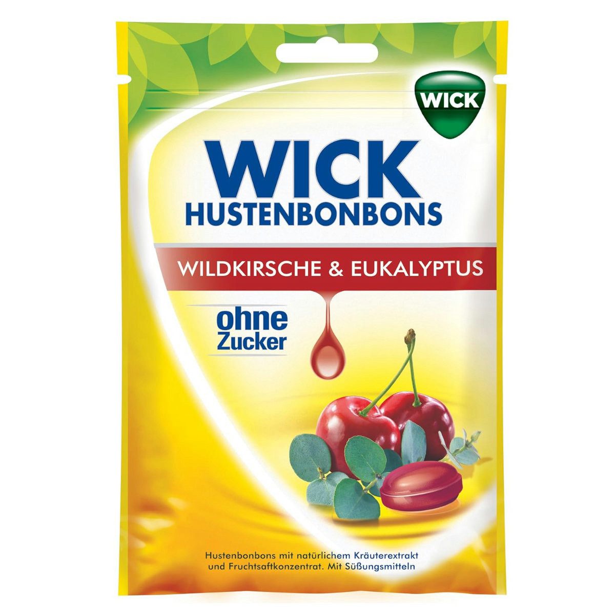 WICK Süßigkeit, WICK Kirsche mit Eukalyptus fruchtige zuckerfreie Halsbonbons 72g