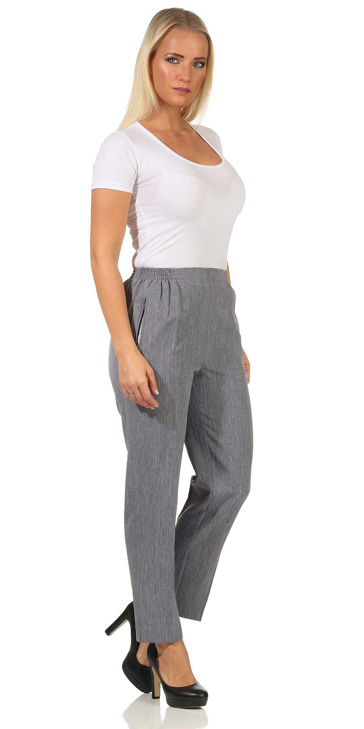 Aurela Damenmode Schlupfhose Stoffhose Damen Anzug- oder Business Hose Kurzgröße Teil-Gummizug, Bügelfalte, Reißverschlusstaschen
