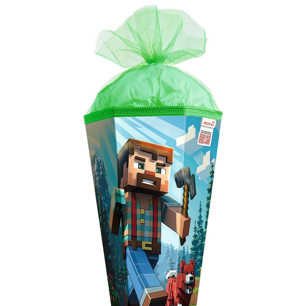 Roth Schultüte Motivschultüte Block Game, 100 cm große Zuckertüte zur Einschulung, Pixelwelt, XXL-Format, grüner Tüll, stabile ROT(H)-Spitze, Schulstart