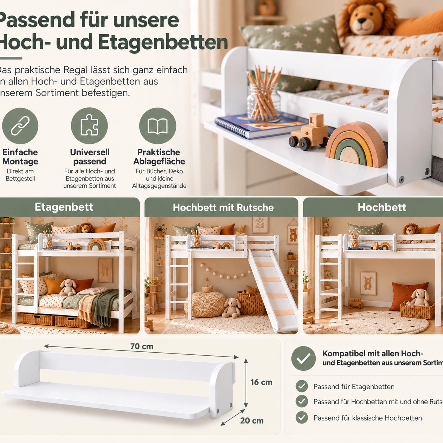 Homestyle4u Hochbett Zubehör Ablage Einhängeregal Hängeregal Regal für Kinder Weiß Bücher (Hochbettregal) – Bild 2 von 5