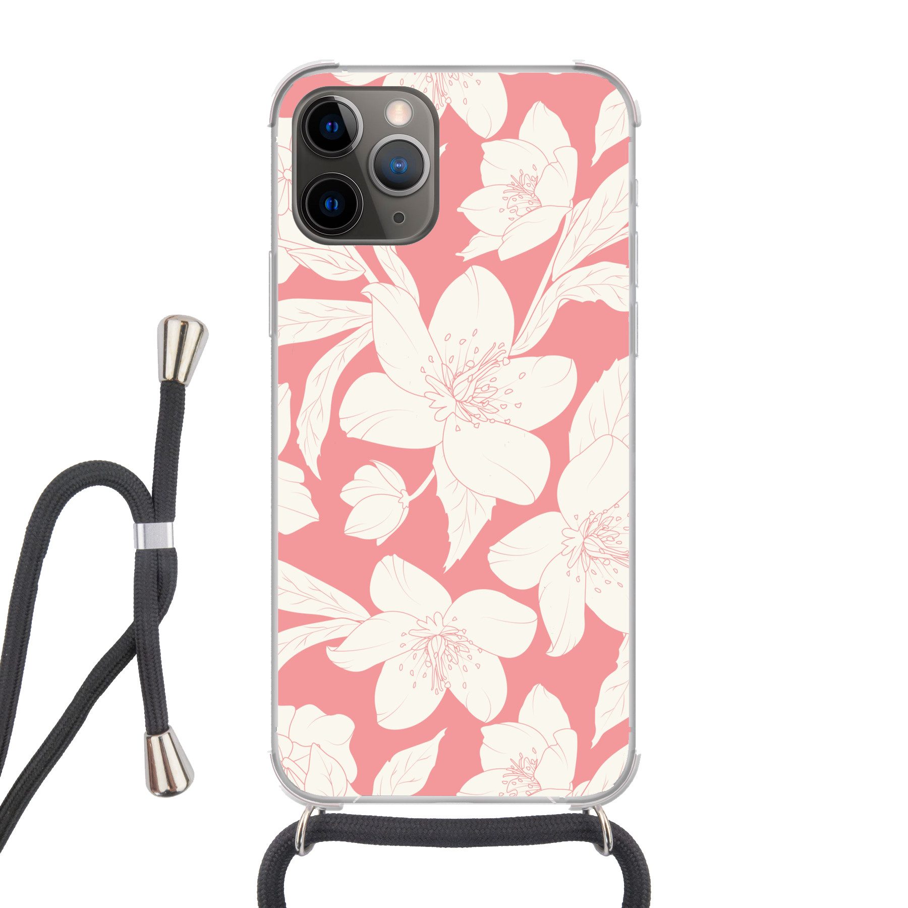MuchoWow Handyhülle für Apple iPhone 13 Pro Max Blumen - Muster - Rosa - Weiß, Tragbare Handyhüllen mit Kette zum umhängen, Handykette Handyband