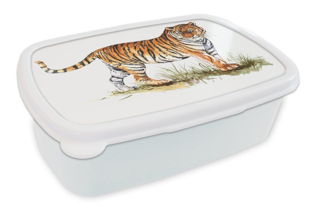 MuchoWow Lunchbox Tiger - Gras - Weiß, Kunststoff, (2-tlg), Brotbox für Kinder und Erwachsene, Brotdose, für Jungs und Mädchen