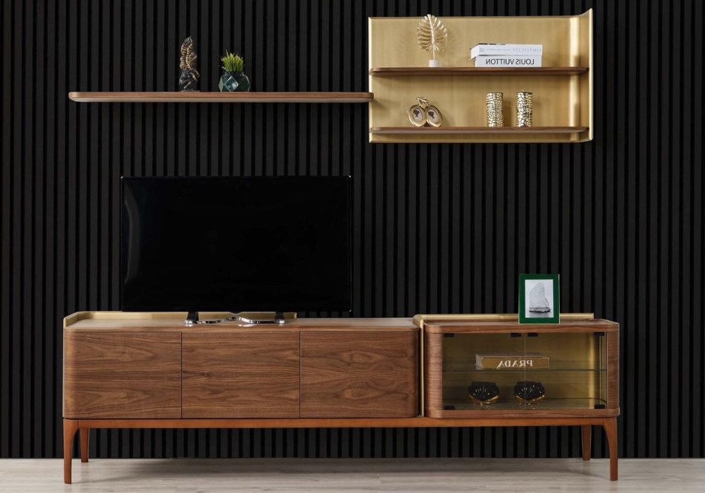 Wohnwand Sideboard Regale RTV Flachboard TV Halterung Schrank Holz Braun Set