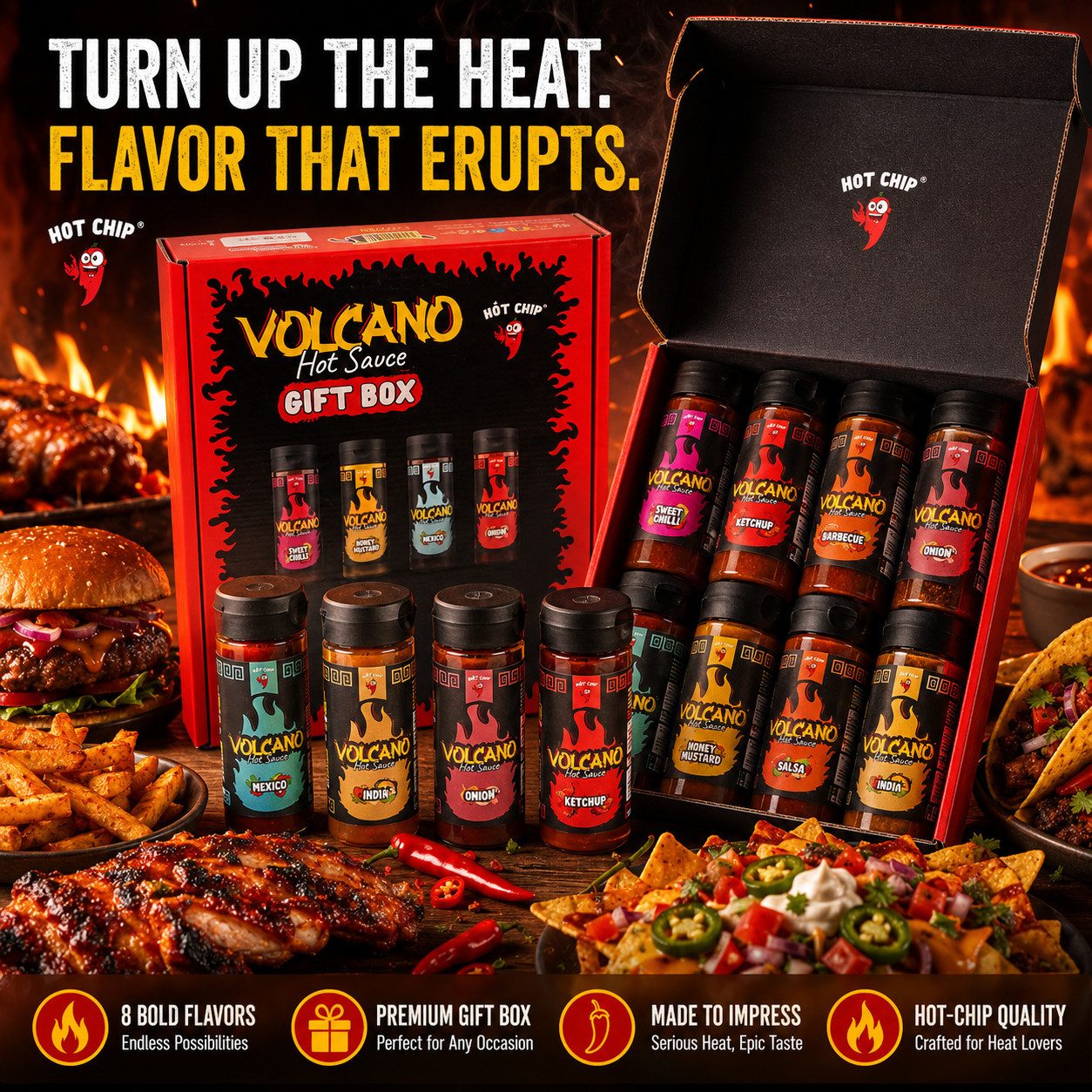 Candy & Bar Saucen HOT-CHIP Volcano Chili-Saucen Geschenkset – 8 × 270 ml