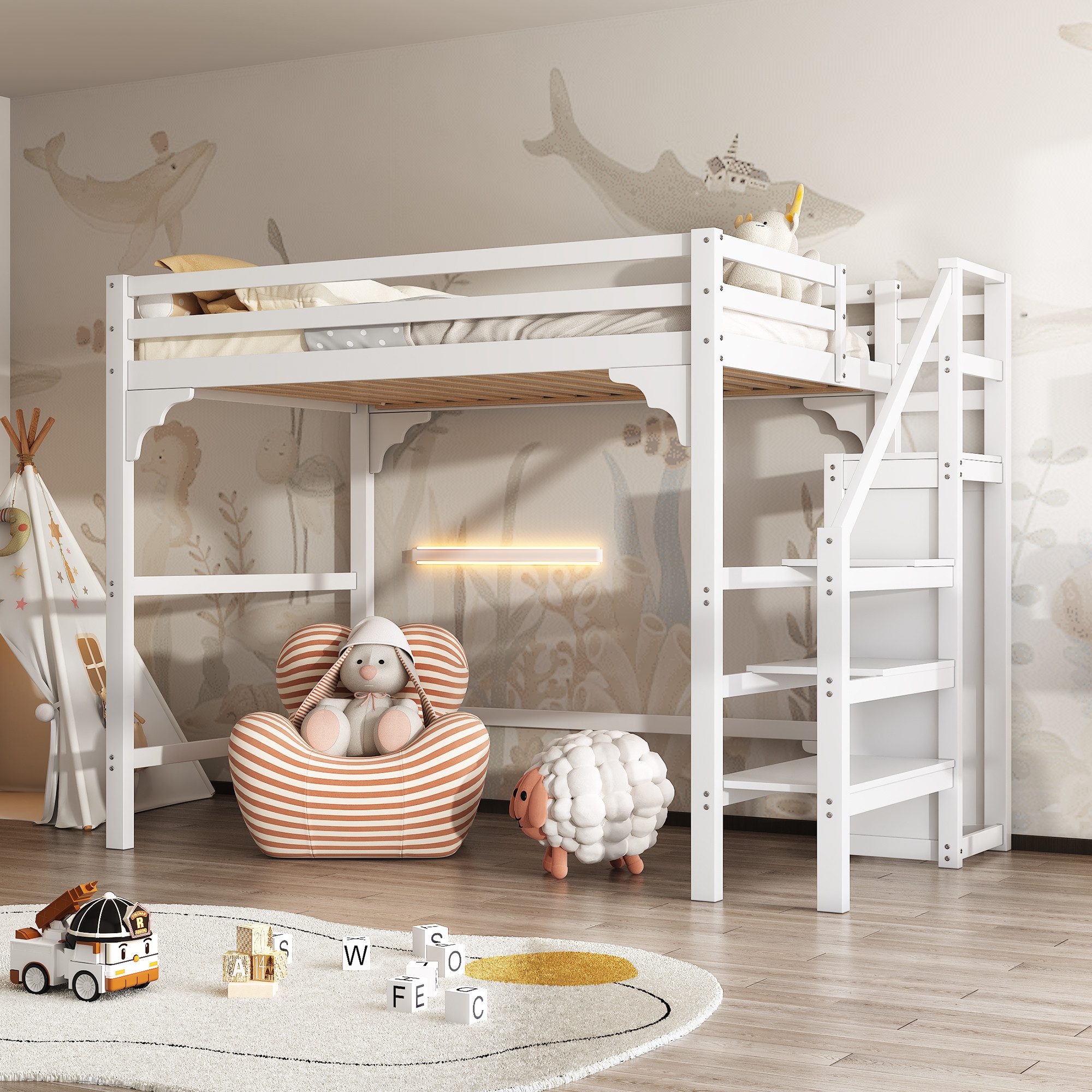TavilaEcon Hochbett Kinderbett Jugendbett mit Stufentreppe und Kleiderschra günstig online kaufen