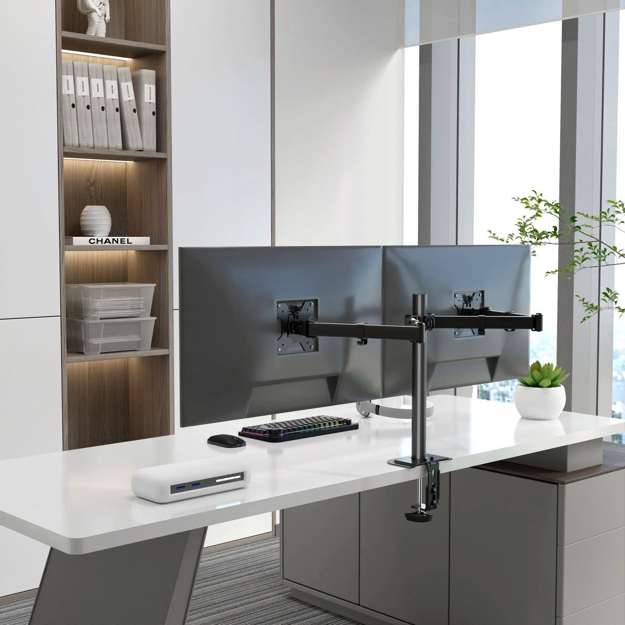 LMG Germany Monitor-Halterung Monitorhalterung für 2 Monitore bis 32 Zoll, 10 kg, 2 Arme, flexibel, (bis 32 Zoll, 2 Monitore, neigbar, höhenverstellbar, stabil, Kabelmanagement)