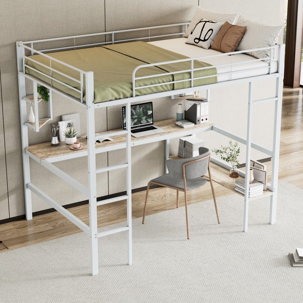 Ulife Loft Bed 140x200 with Desk & Shelves (White, Metal) White