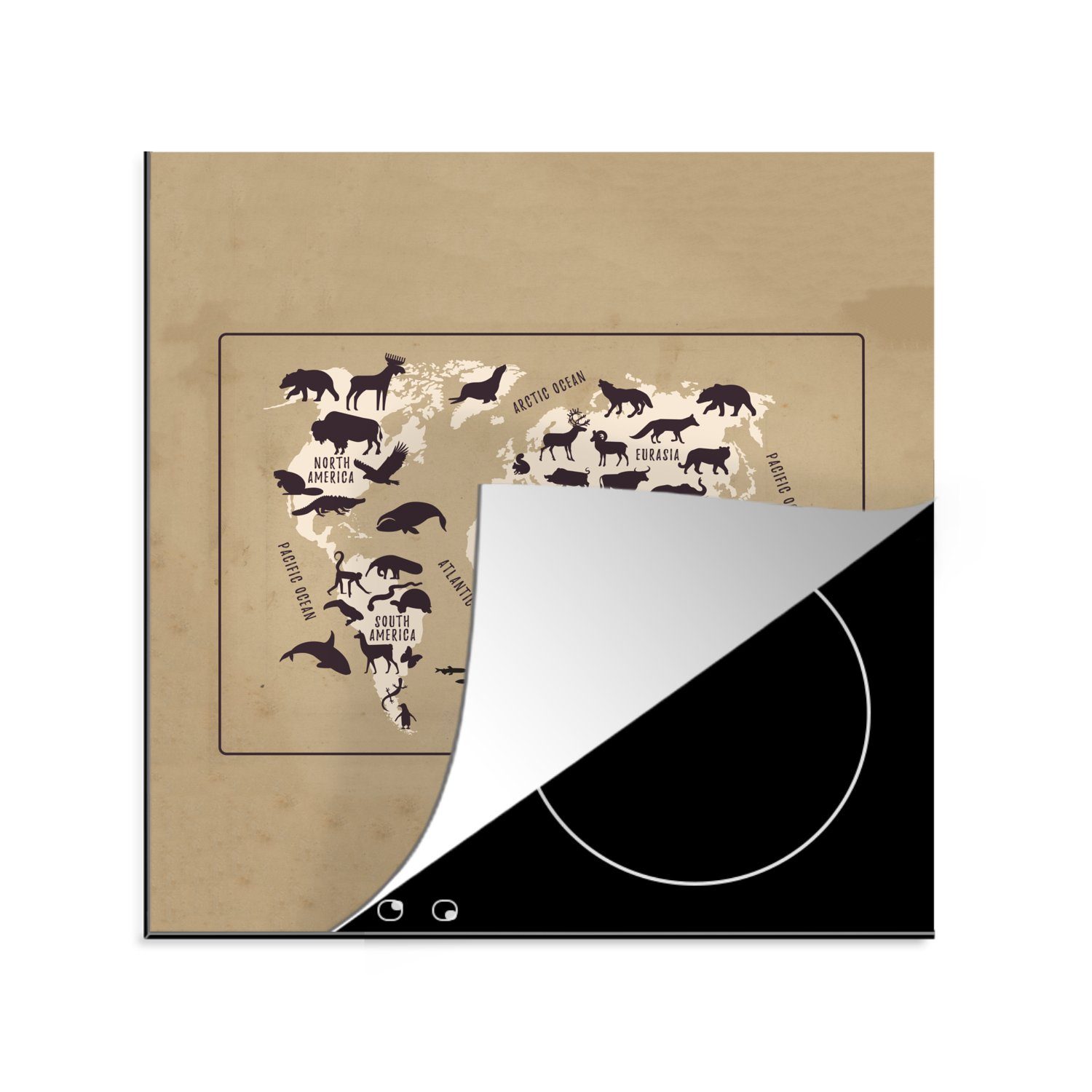 Ceranfeldabdeckung, 78x78 Vinyl, - cm, für tlg), Arbeitsplatte MuchoWow Weltkarte küche Kinder - Braun, Tiere (1 Herdblende-/Abdeckplatte