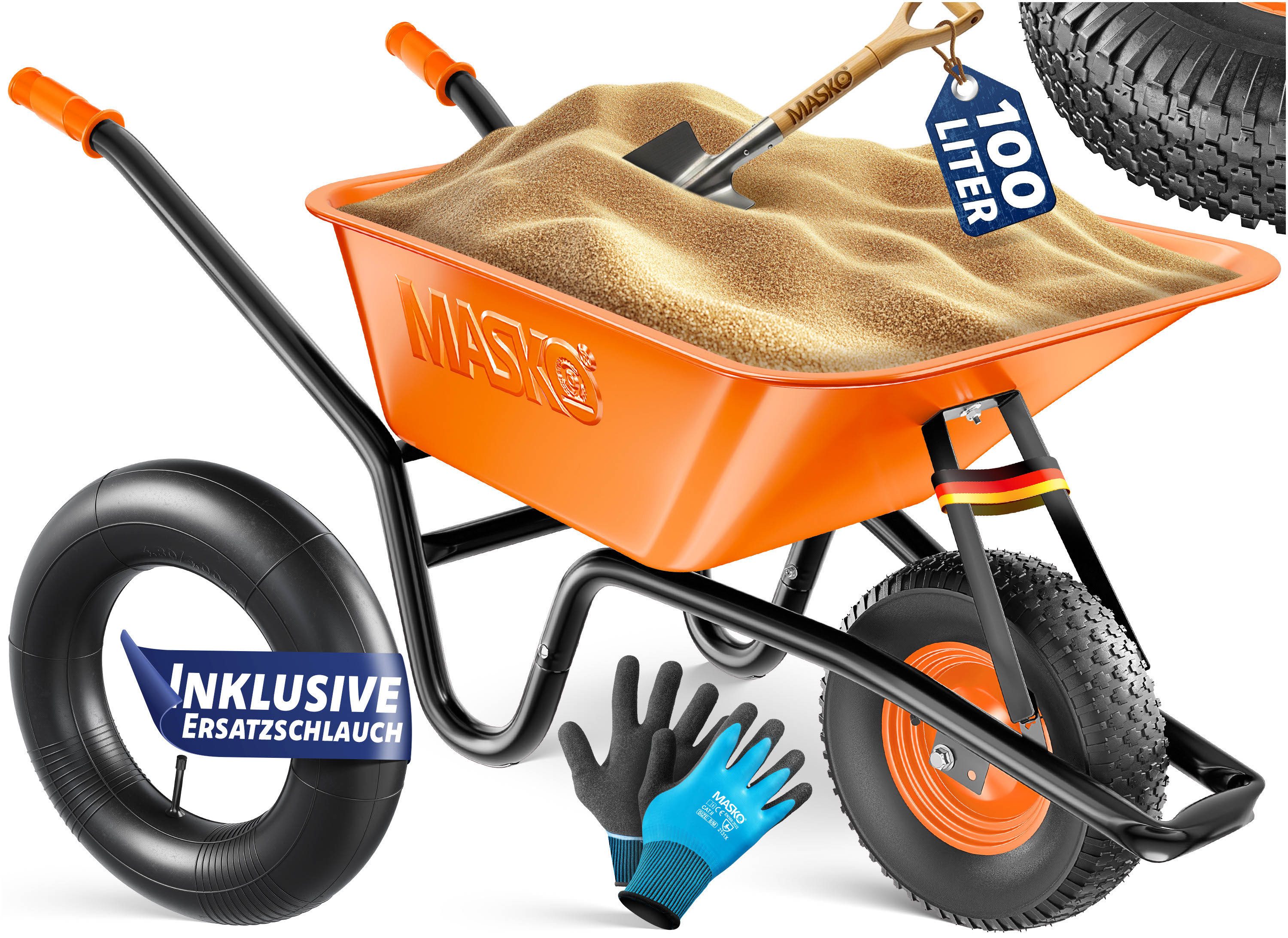 MASKO Schubkarre Bau- und Gartenschubkarre 100 Liter, mit Luftreifen und Stahlfelgen sowie einen Ersatzschlauch
