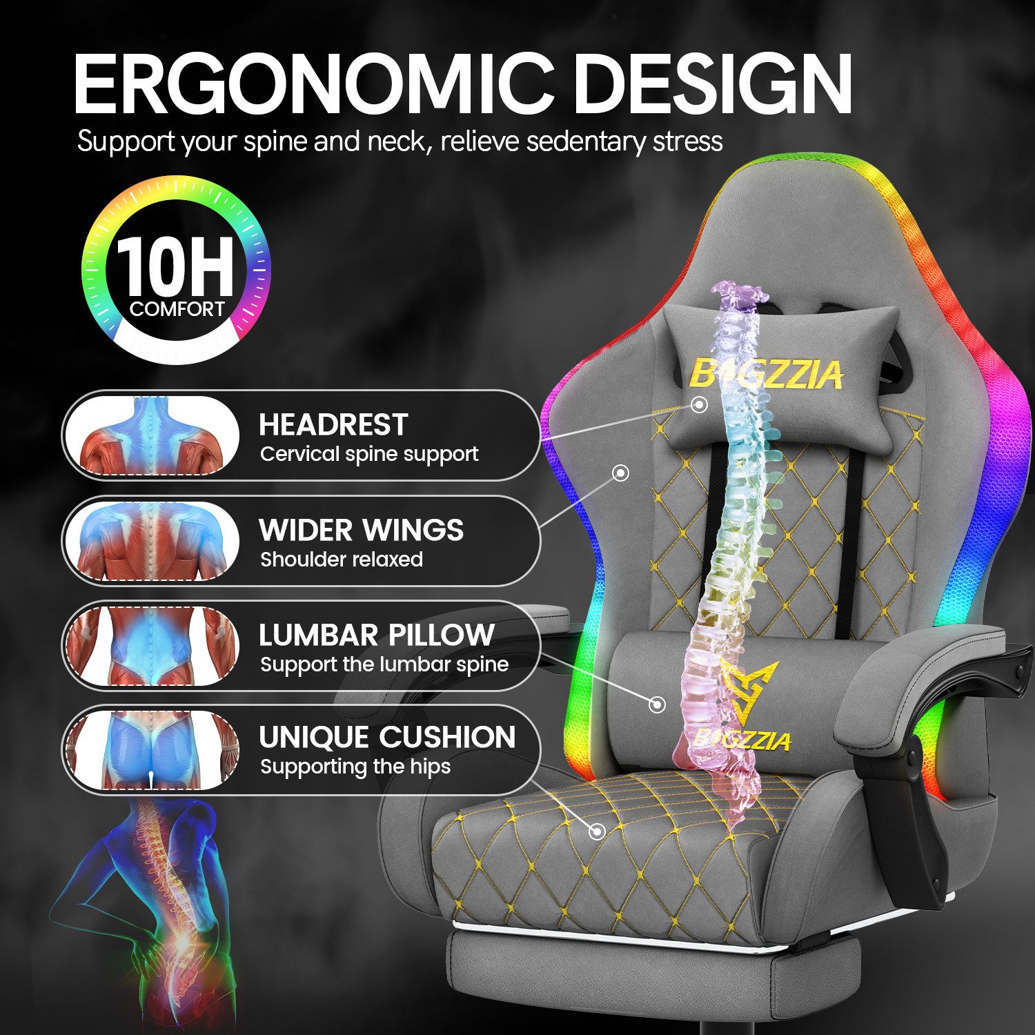 ZAISZE Gaming-Stuhl Bürostuhl Gaming Chair mit LED Lichtleiste, Gamer Stuhl, Ergonomischer Bürostuhl,Kopfstütze und Lendenstütze