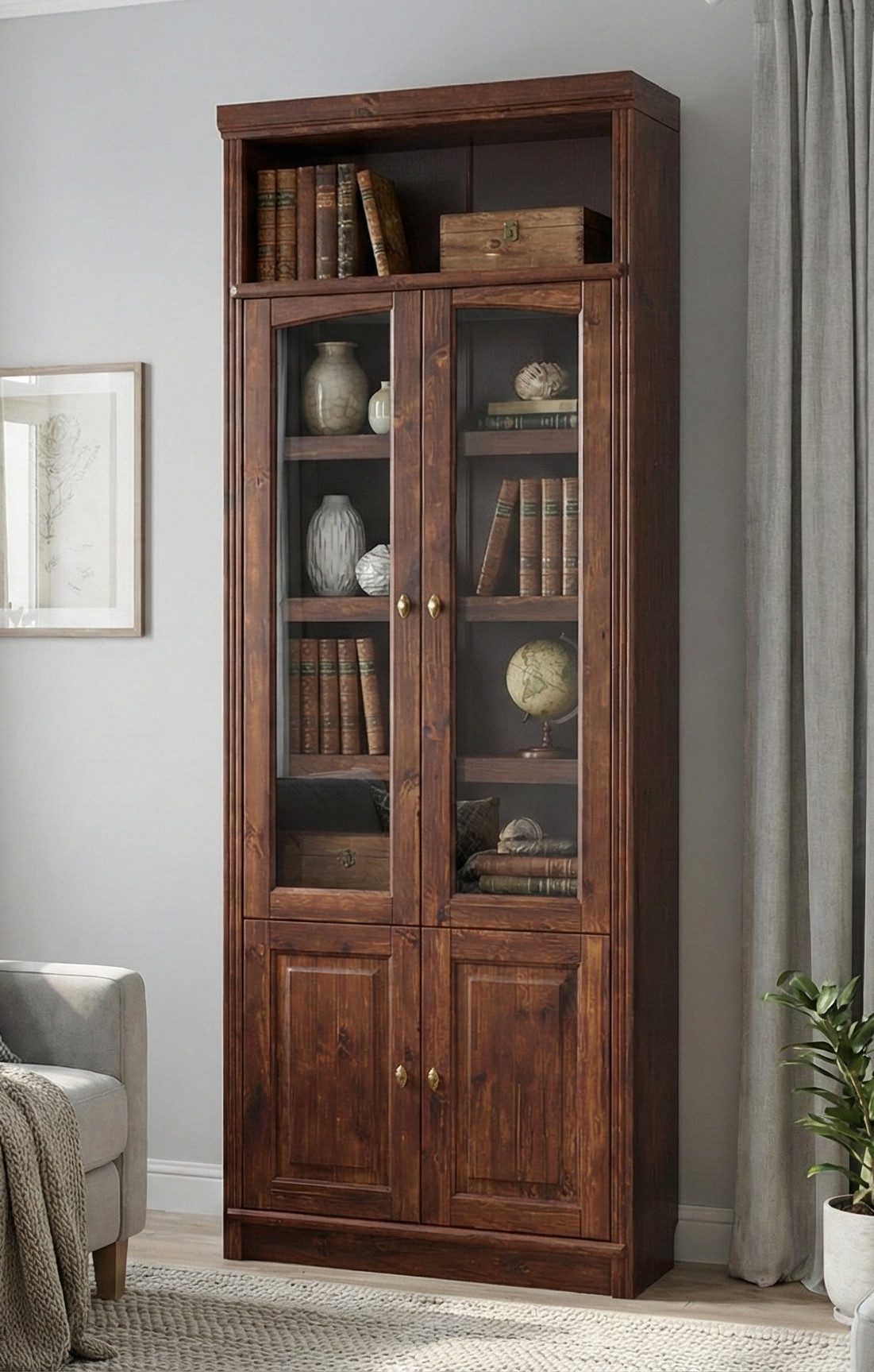 OTTO home Vitrine Soeren Regal mit 2 Glastüren und 2 Holztüren, B/TH: 80/29/220 cm Kiefer FSC®-zertifiziert, 1 offenes Fach, 6 Fächer hinter den Türen