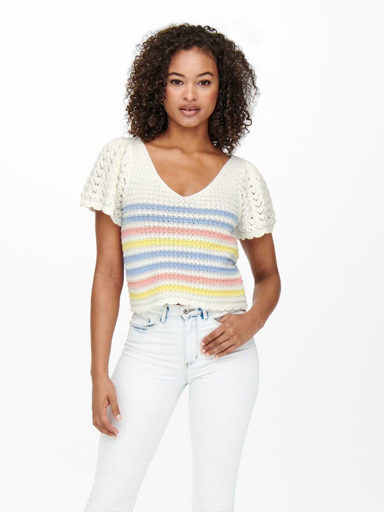 Only T-Shirt »4022« (V-Ausschnitt, 1-tlg., regular fit) Damen Strick T-Shirt  mit Bindung V-Ausschnitt Grobstrick Bluse ONLLUNI online kaufen | OTTO