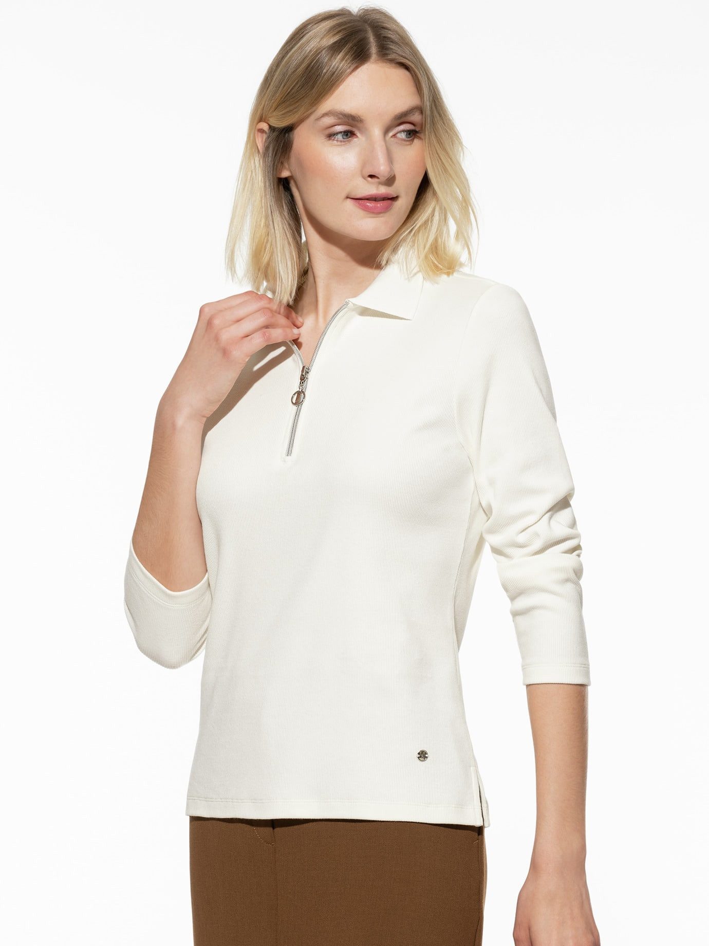 Walbusch Poloshirt Damen Rippenpolo Zip&Go Wärmendes Shirt Langarm Pflegeleicht Angeraute Baumwollmischung, weich auf der Haut, Polokragen mit RV