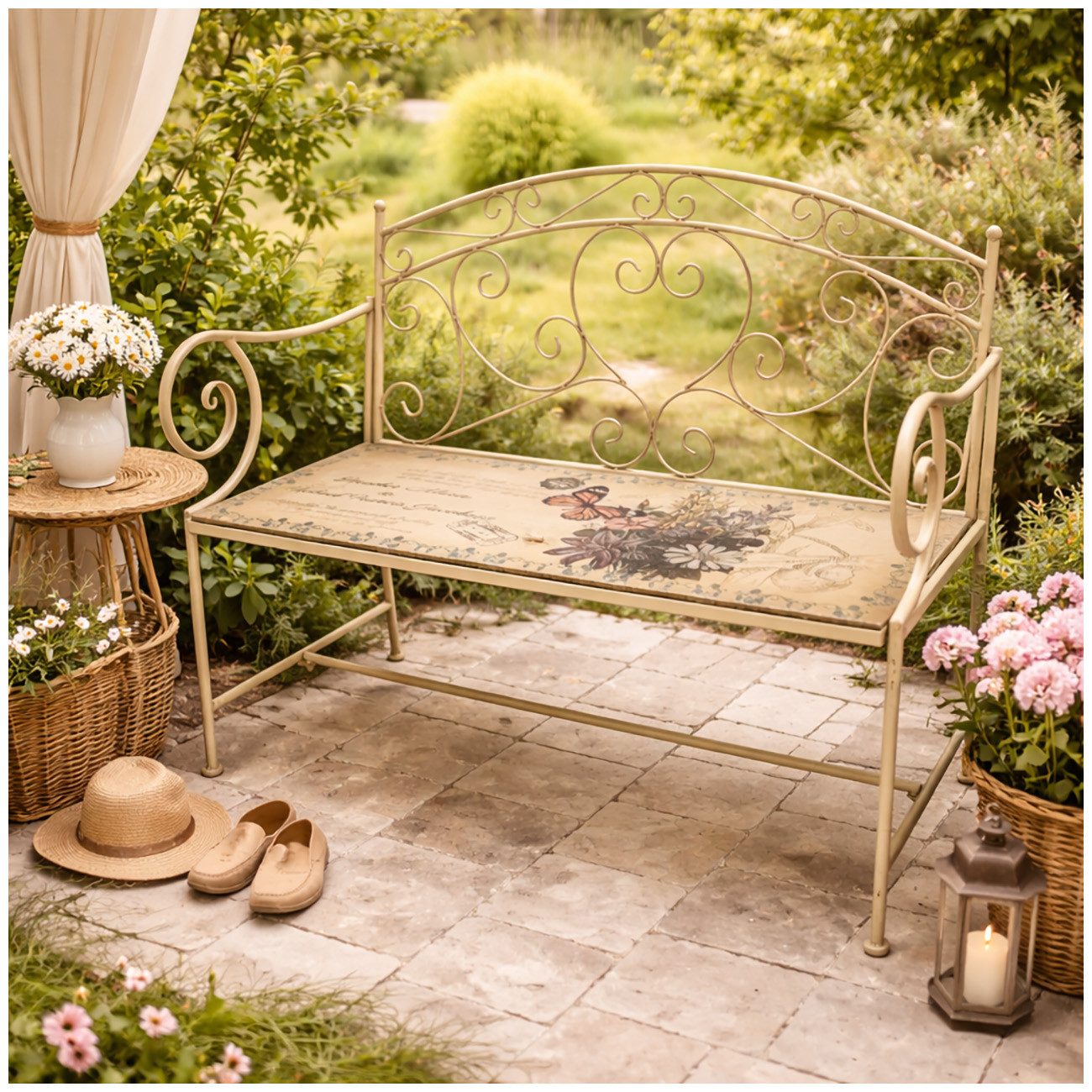 HTI-Living Gartenbank Gartenbank Schmetterling Metall creme mit dekorativer Motiv Sitzfläche (1x Gartenbank Schmetterling aus Metall)