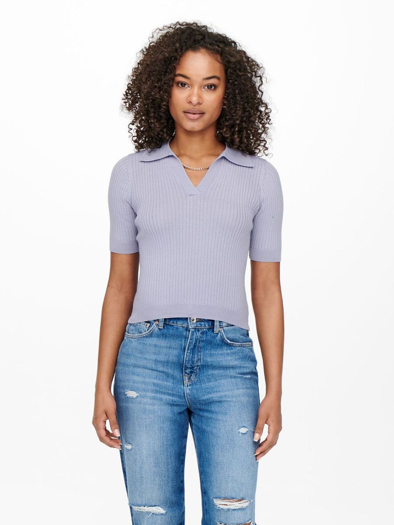 Einfarbiges T-Shirt ONLNIMONE in Geripptes ONLY V-Ausschnitt Poloshirt 4015 Blau T-Shirt (1-tlg) Kurzarm