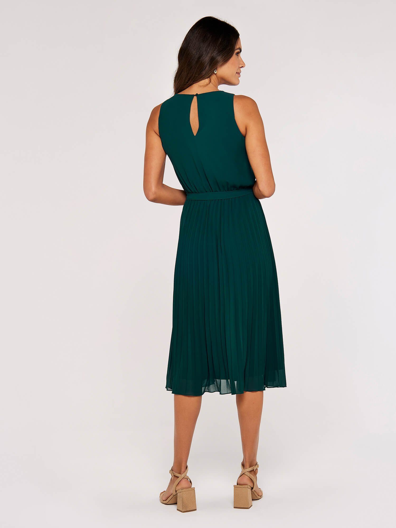Apricot Midikleid Plissee Kleid (Stoffgürtel) mit Bindeband – Bild 4 von 5