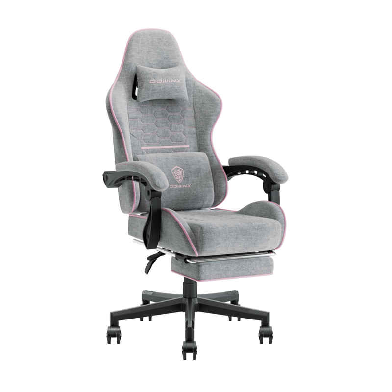 Dowinx Gaming-Stuhl Mit Stoff bezogenes Federkissen mit massierender Kopfstütze, ergonomisch, mit Fußstütze, Grau