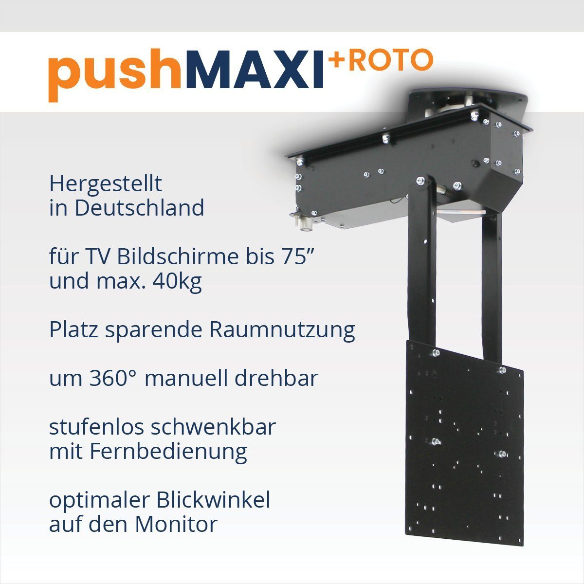 cleverUP pushMAXI-ROTO - (bis Zoll, 75,00 360° schwarz schwenken drehen elektrisch und drehen bis teleskopieren) und 75Zoll klappen, TV-Deckenhalterung