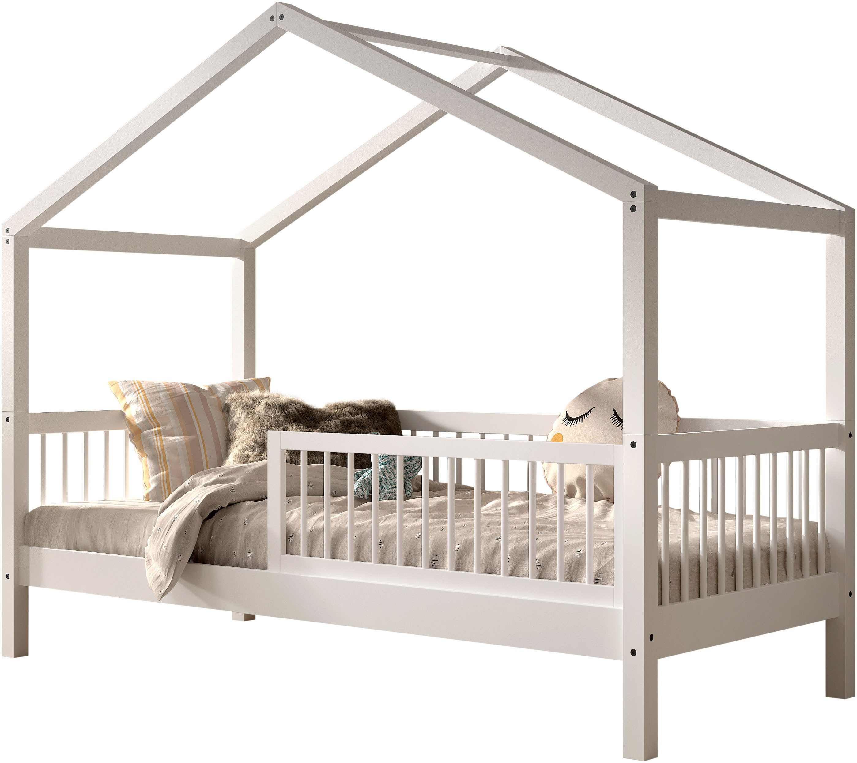 Home affaire Hausbett Forrest mit Dachaufbau, Rausfallschutz, später umbaubar zum Einzelbett, 90/200 Buche massiv weiß lackiert, wahlweise mit o. ohne Bettschublade