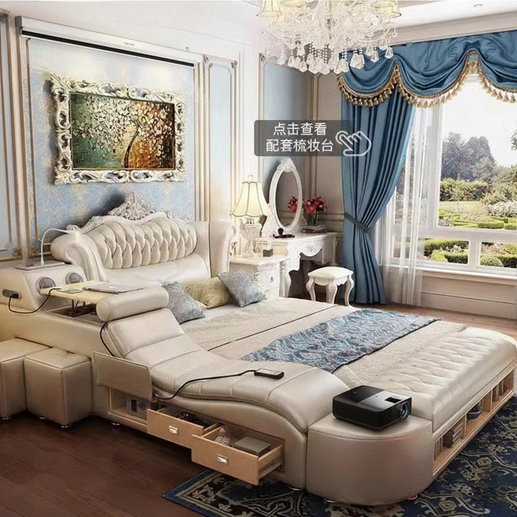 JVmoebel Multimediabett Multifunktionales Bett Moderner Stil Beigefarben Holzrahmen Bequem (2-tlg)