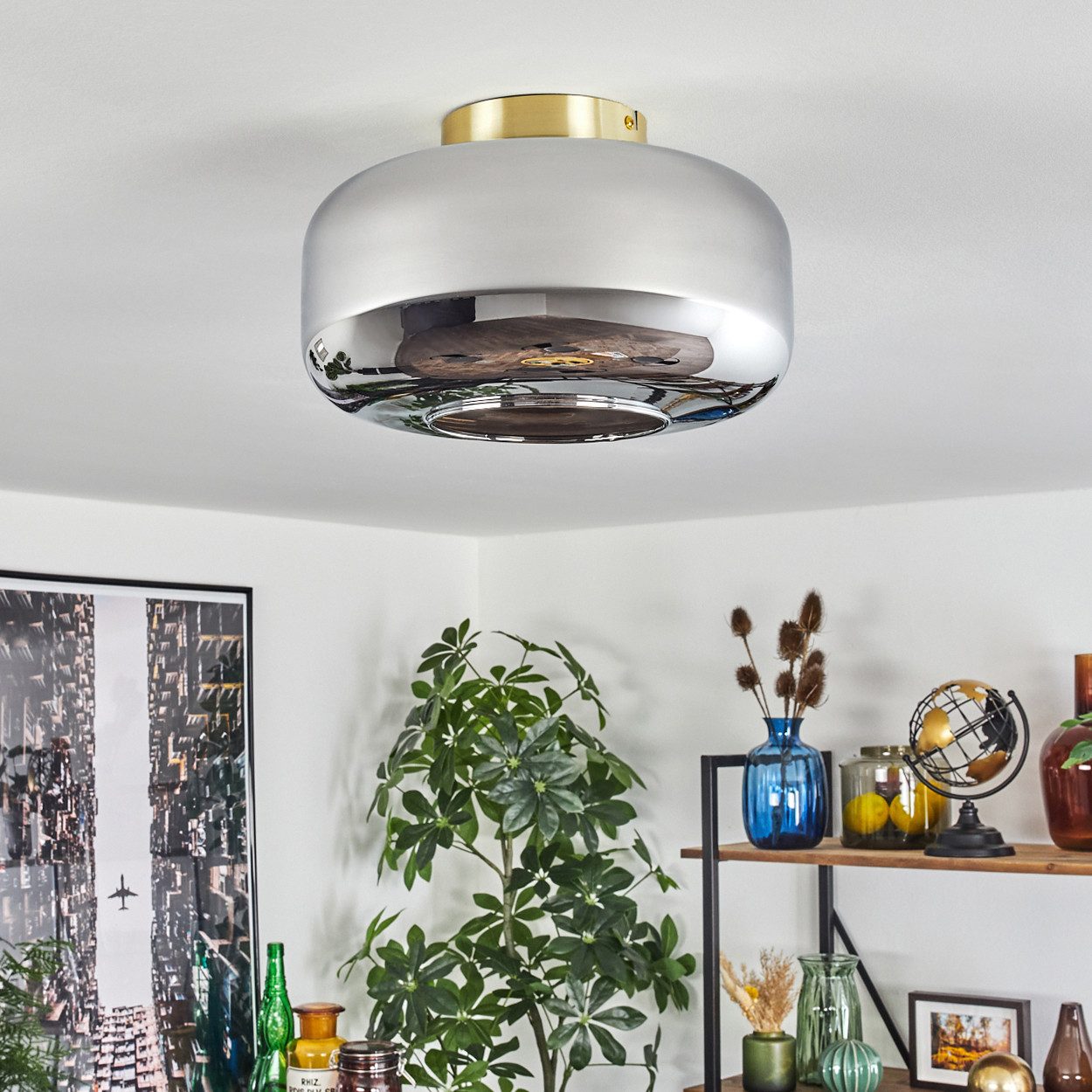 hofstein Deckenleuchte Deckenlampe aus Metall/Glas in Messingfarben/Chromfarben/Rauchfarben, ohne Leuchtmittel, Retro-Design, mit Schirm aus Glas (28 cm), 1x E27, ohne Leuchtmittel