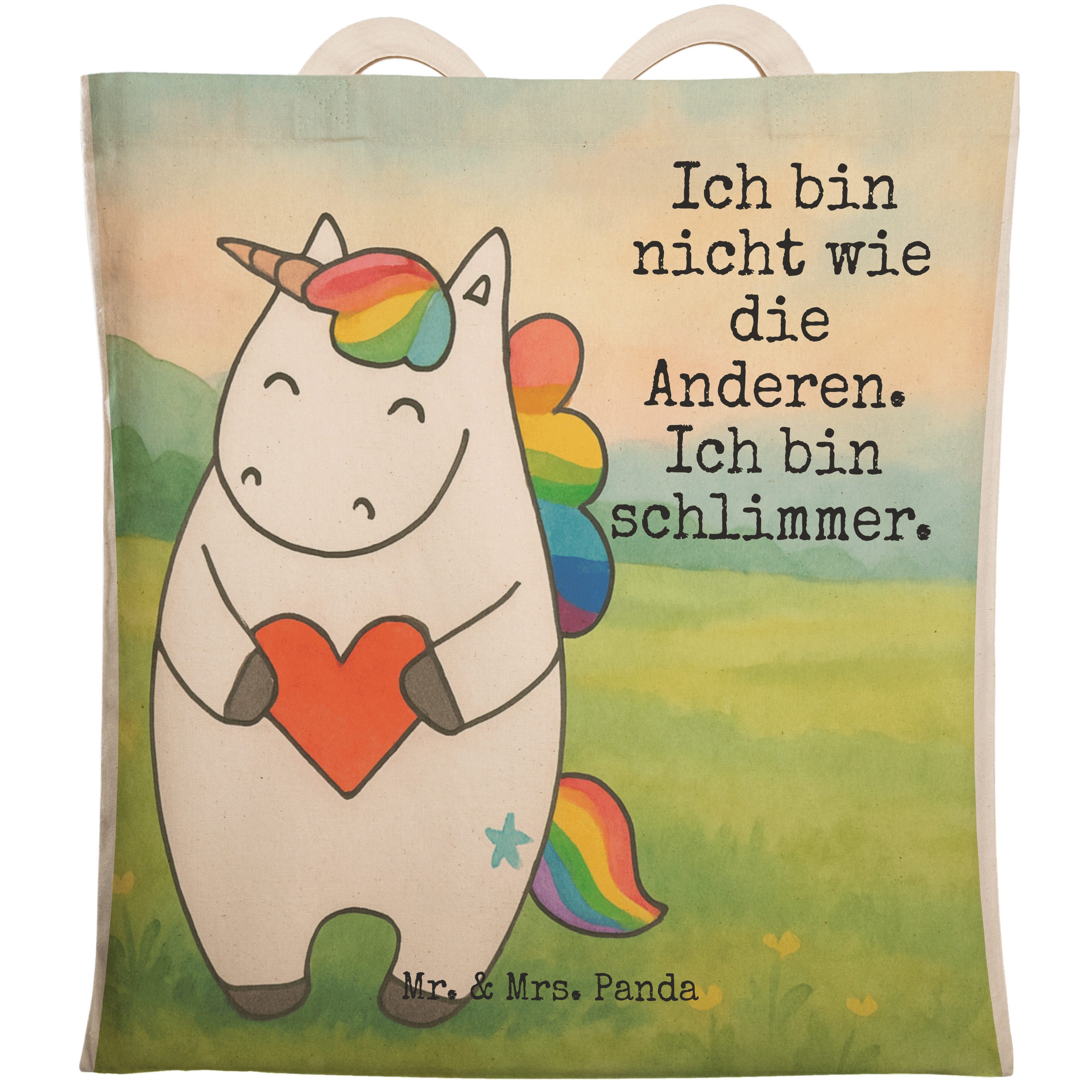 Mr. & Mrs. Panda Tragetasche Einhorn Herz Design, Stofftragetasche, Weiß, Einkaufstasche, Lustig, (Packung), Bunt Geschenk Shoppingbag