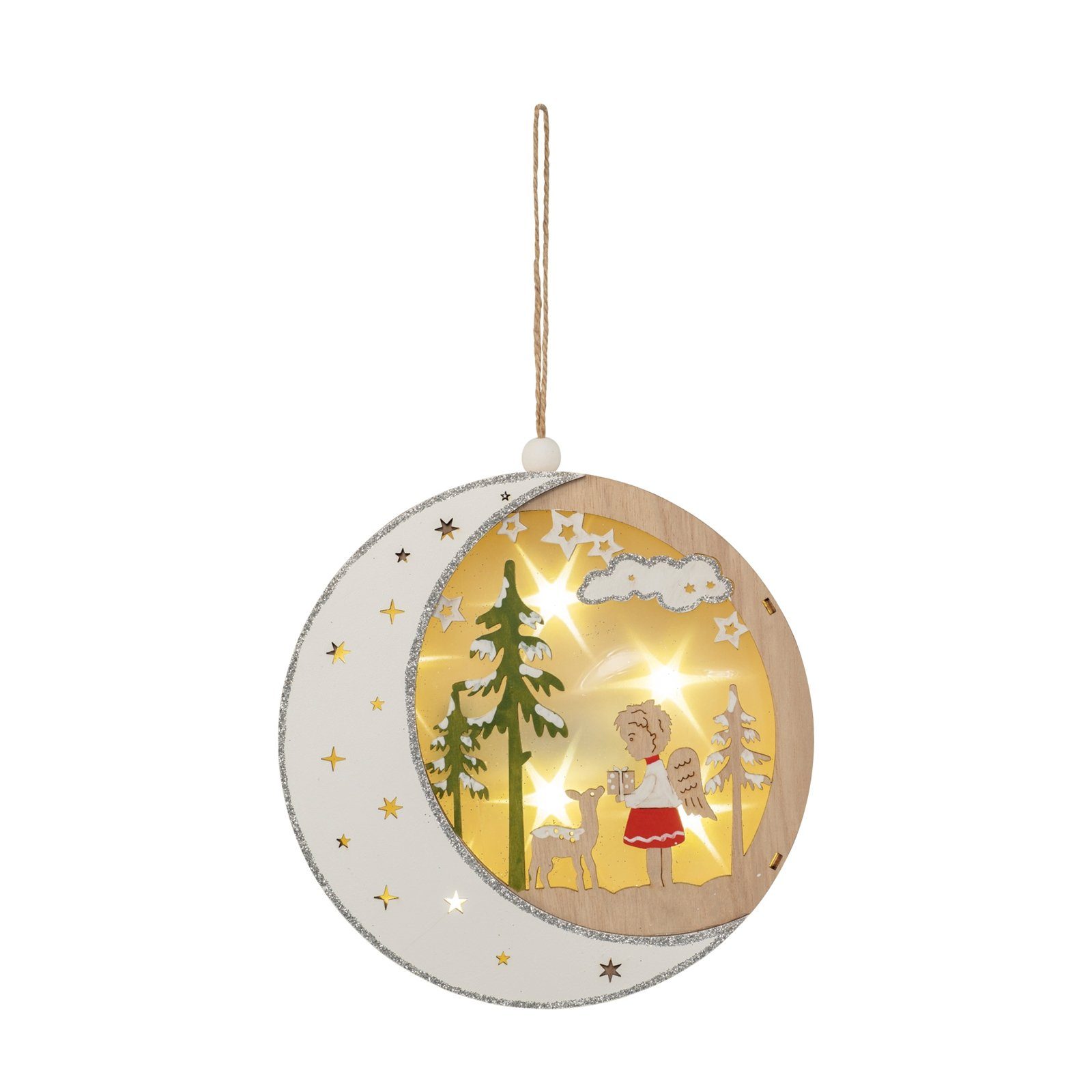 HGD Holz-Glas-Design Beleuchtetes Fensterbild LED Fensterbild Mond mit Engel im Wald, Fensterschmuck Holz beleuchtet Weihnachtsdeko