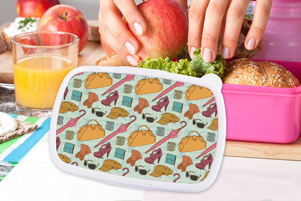 MuchoWow Lunchbox Kleidung - Kunststoff Kunststoff, - Kinder, für Snackbox, Erwachsene, Brotbox - Jahreszeiten (2-tlg), rosa Mädchen, Regenschirm Design, Brotdose