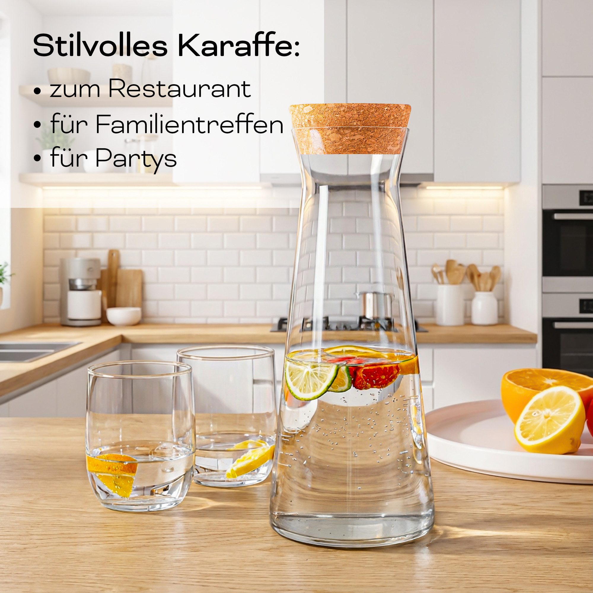 KONZEPT Wasserkaraffe mit Deckel – 1 Liter, robustes Glas, BPA-frei, stilvoll und stabil, (1-tlg), Für Wasser & Wein – auch als elegante Blumenvase nutzbar