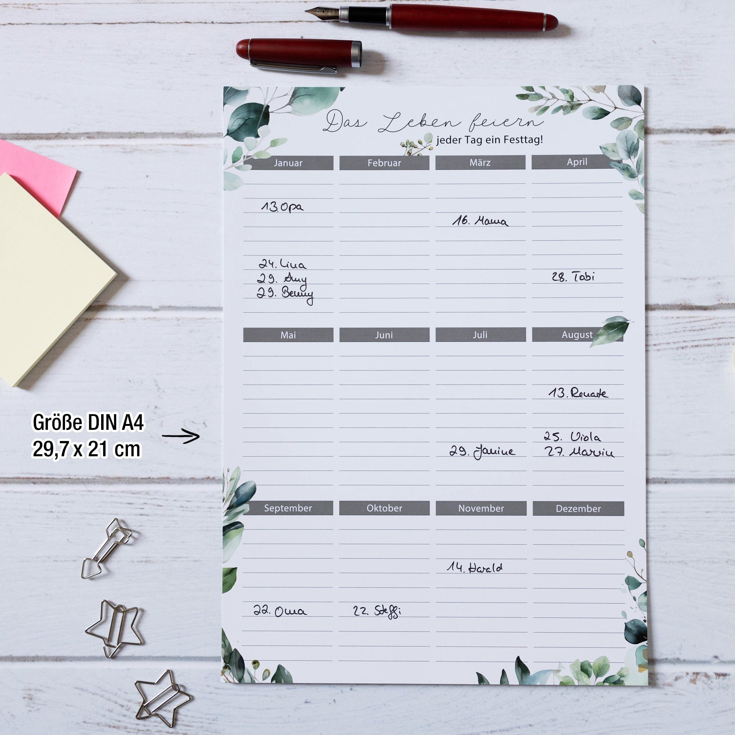 TOBJA Geburtstagskalender Geburtstagskalender immerwährend 2er Set A4 Wandkalender, Eukalyptus Design - Geburstagsplaner Jahresunabhängig