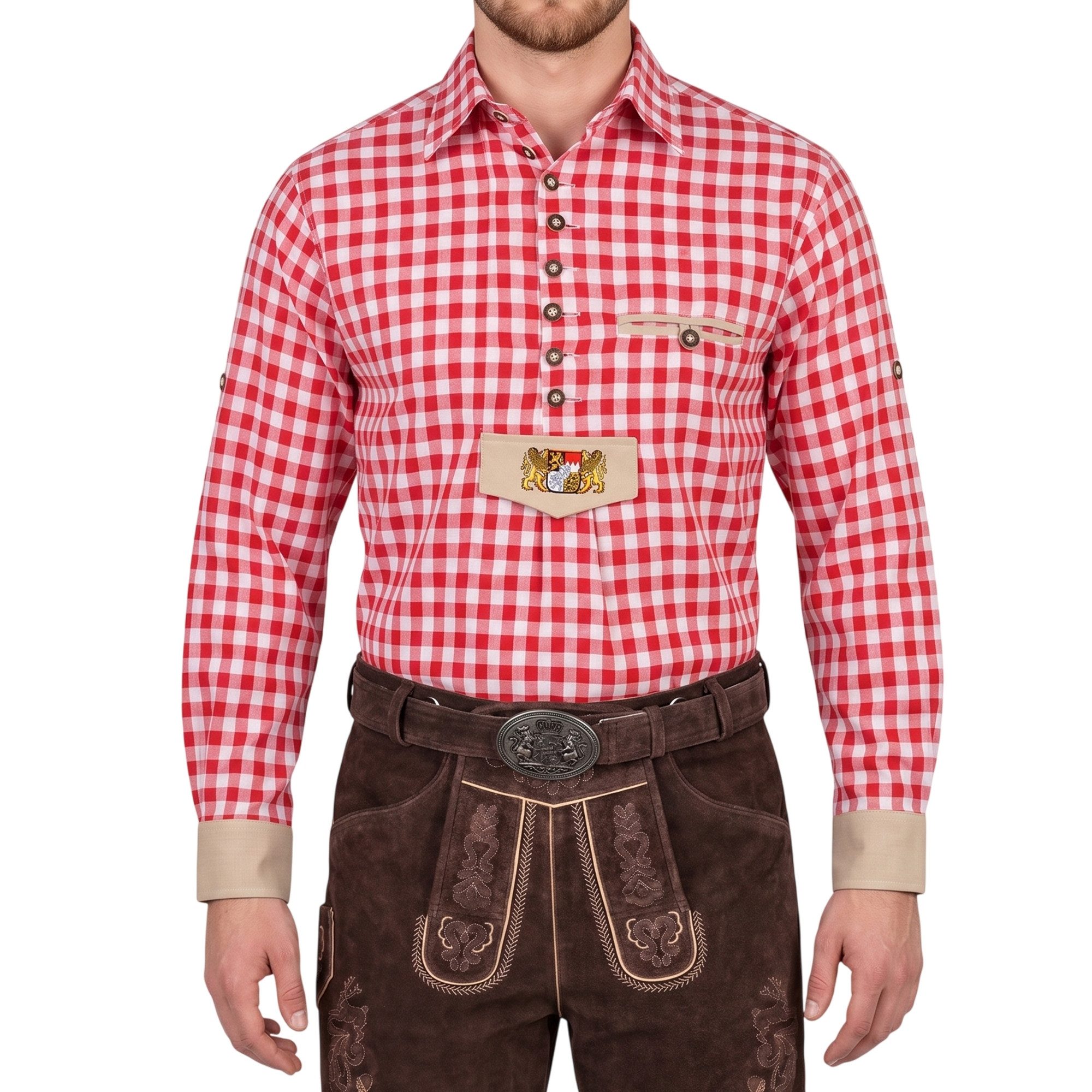 German Wear Trachtenhemd GW1218 Red Wappen Langarm krempelarm bestickt kariert verziert Hemd mit Stickerei karo