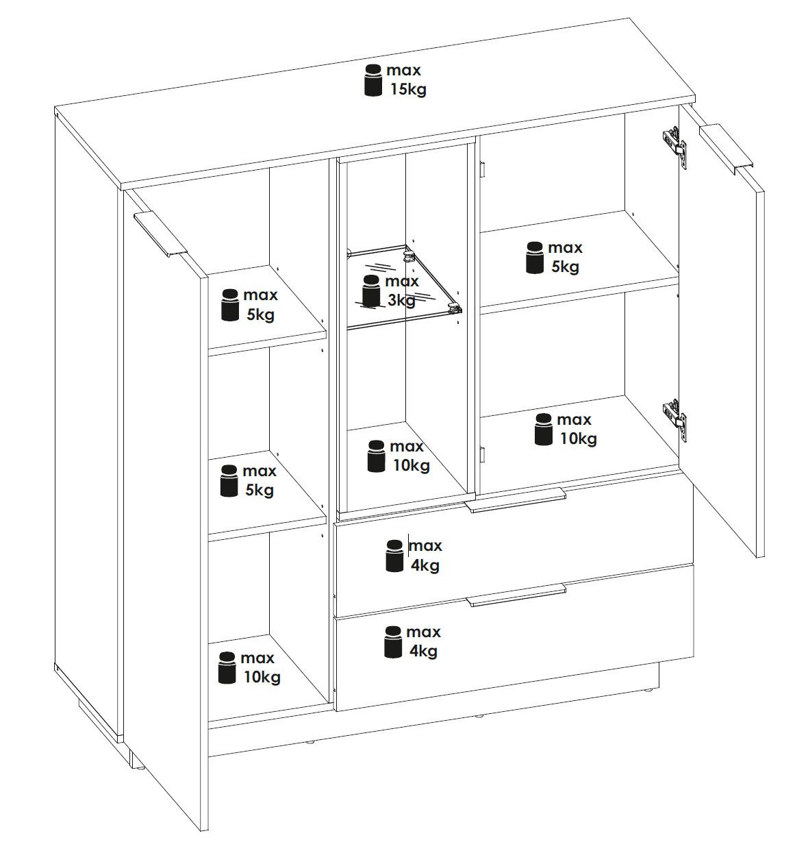 Feldmann-Wohnen Highboard Alicante (2 Türen, 2 Schubladen, 1 offenes Fach, 1 St., moderne Optik, holzfarbene Akzente, Griffstücke), 120x38x136cm walnussfarben / schwarzgrau