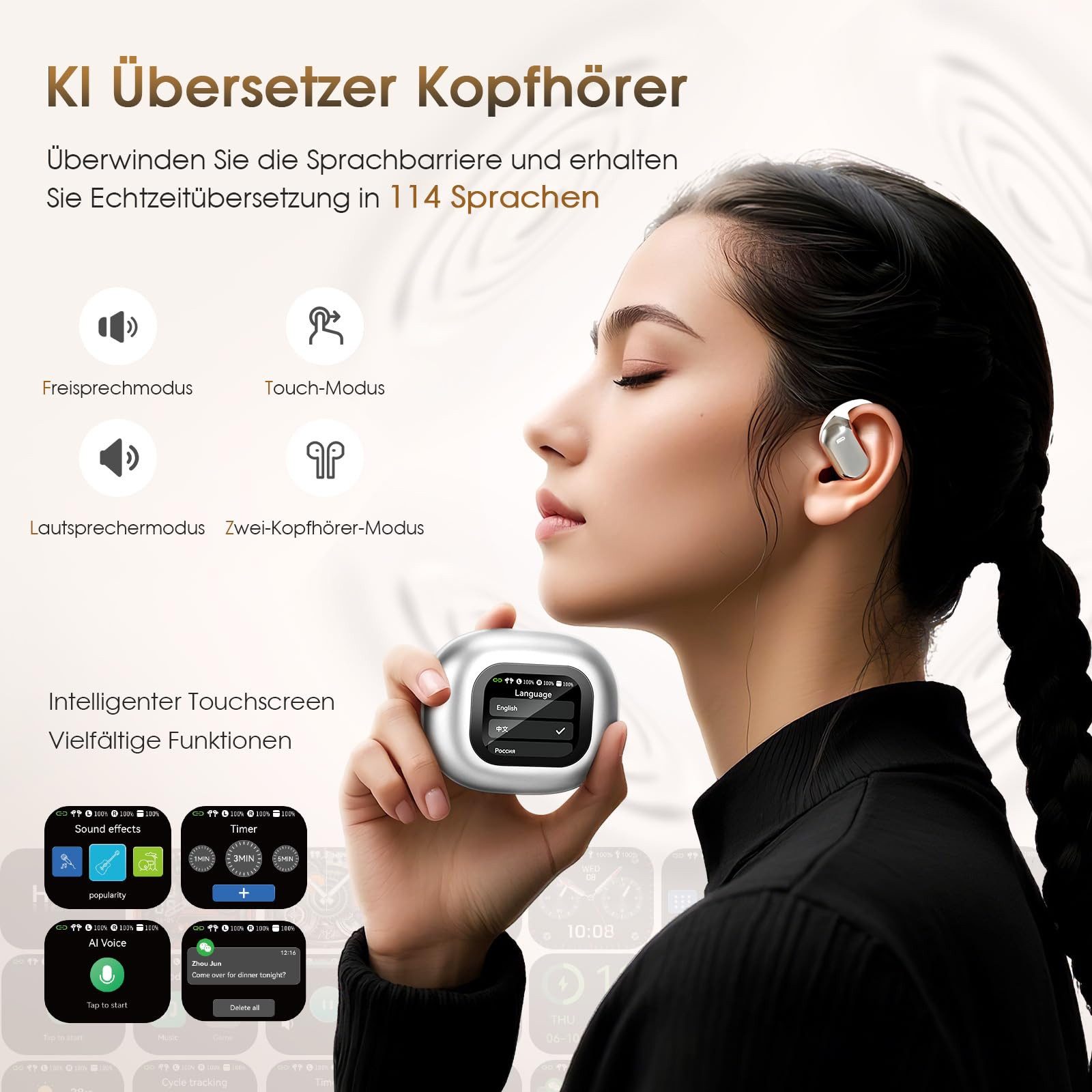 MOPUEA Übersetzer Kopfhörer LCD-Touchscreen Kopfhörer Übersetzer Bluetooth-Kopfhörer (mit 144 Sprachen, Bluetooth 5.4, Sprachübersetzer Kopfhörer für Reisen, Studium, Sport)