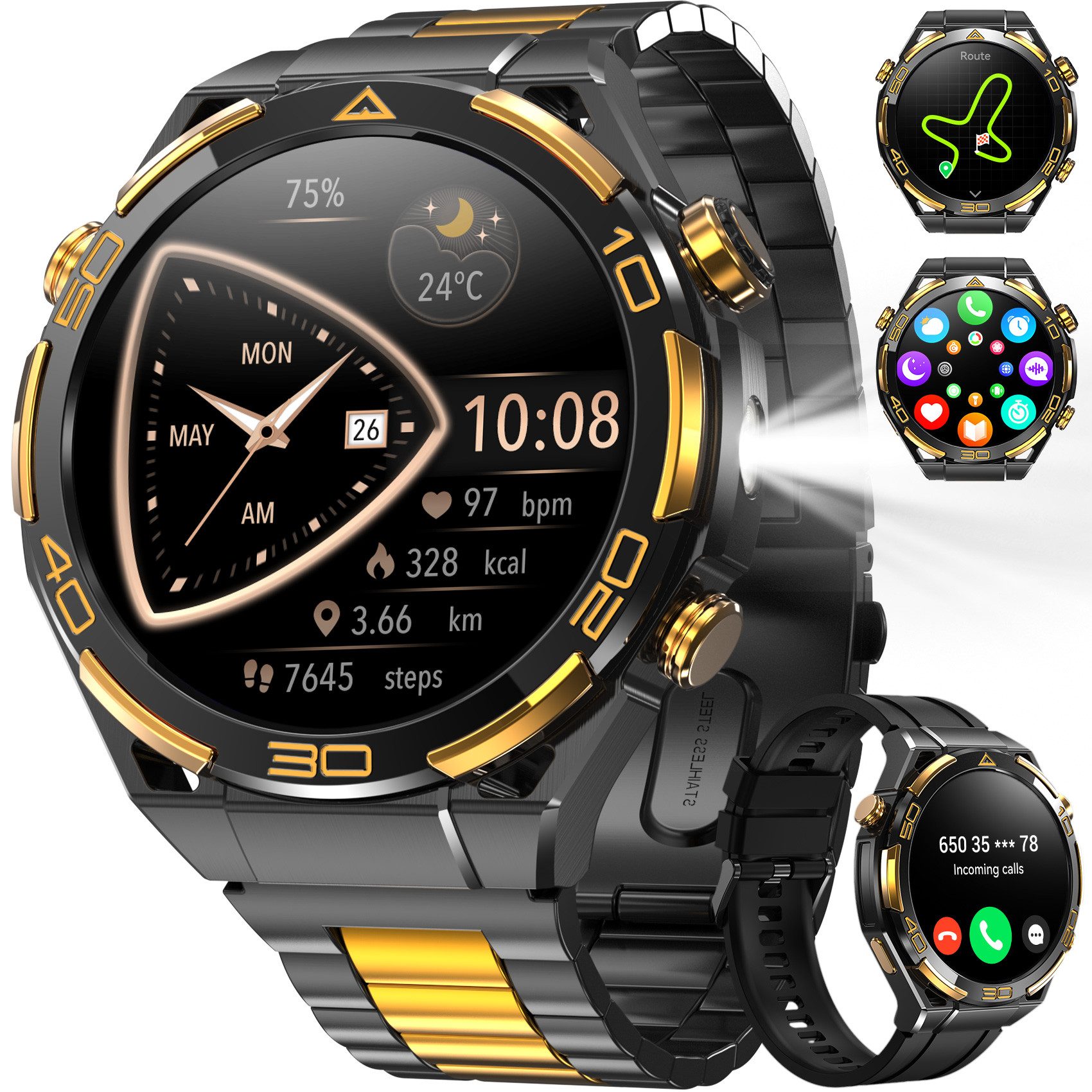 blackview GPS Herren-Smartwatch 2026,1,43" AMOLED, 14K Gold,900mAh Akku,Business Smartwatch (1.43 Zoll) Set, 1-tlg., mit Wechselband aus weichem Silikon und Ladekabel, 15 Tage Akku,Anrufe,HR,SpO2, Blutdruck, LED-Leuchte,2 Armbändern, IP68
