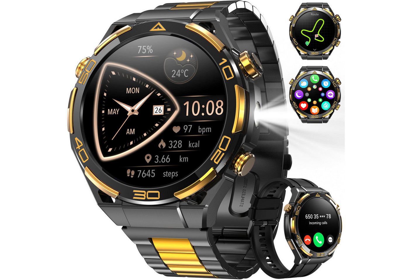 IOWODO GPS Herren-Smartwatch 2026,1,43" AMOLED, 14K Gold,900mAh Akku,Business Smartwatch (1.43 Zoll, IOS&Android) Set, 1-tlg., 2xRiemen (Metallarmband+Silikonarmband) und Ladekabel, 15 Tage Akku,Anrufe,HR,SpO2, Blutdruck, LED-Leuchte,2 Armbändern, IP68