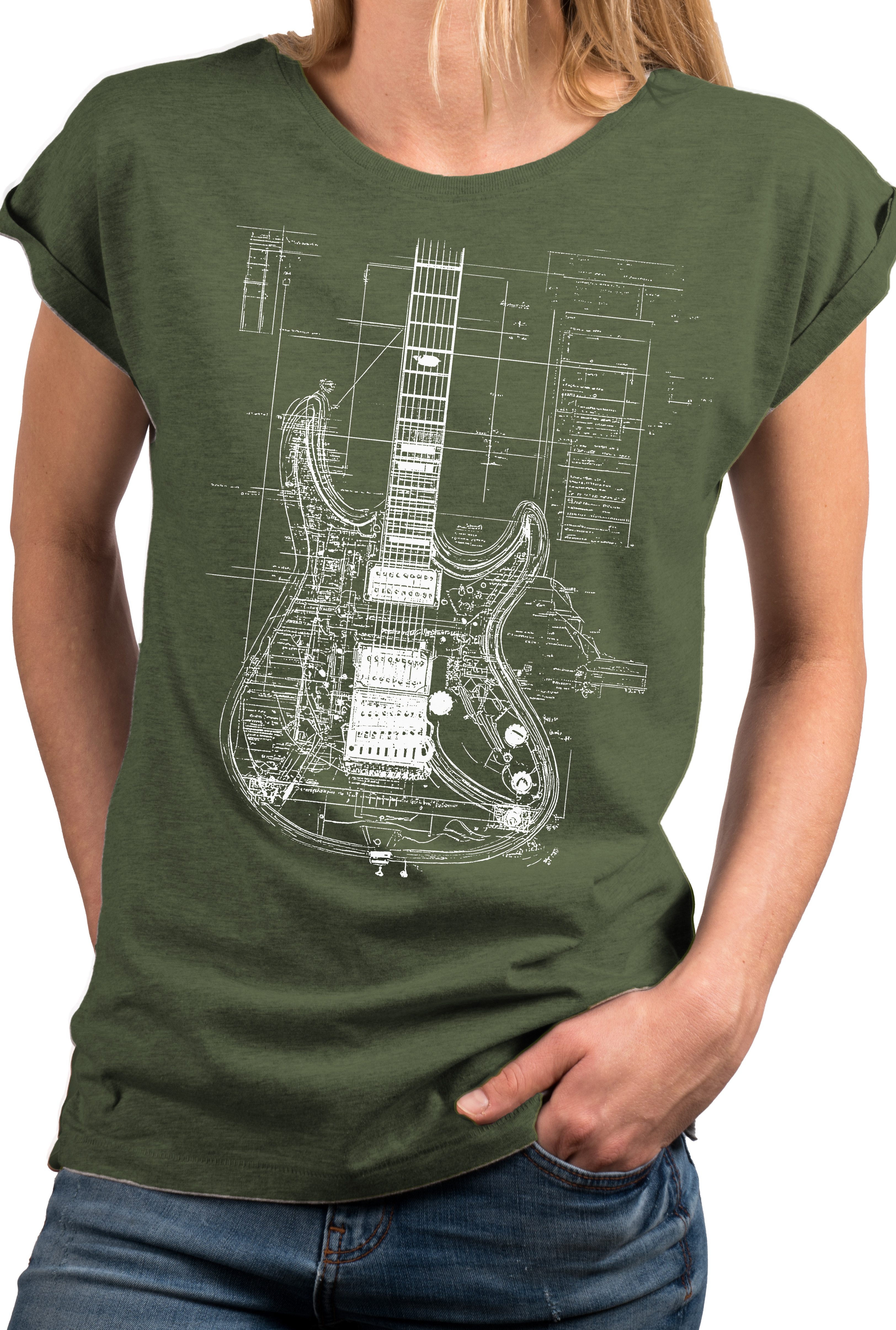 MAKAYA Print-Shirt Damen Gitarrenmotiv Gitarre Festival Outfit Rock Kurzarm Top (Schwarz, Blau, Grau, Grün, 34, 36, 38, 40, 42, 44, 46, 48, 50) große Größen