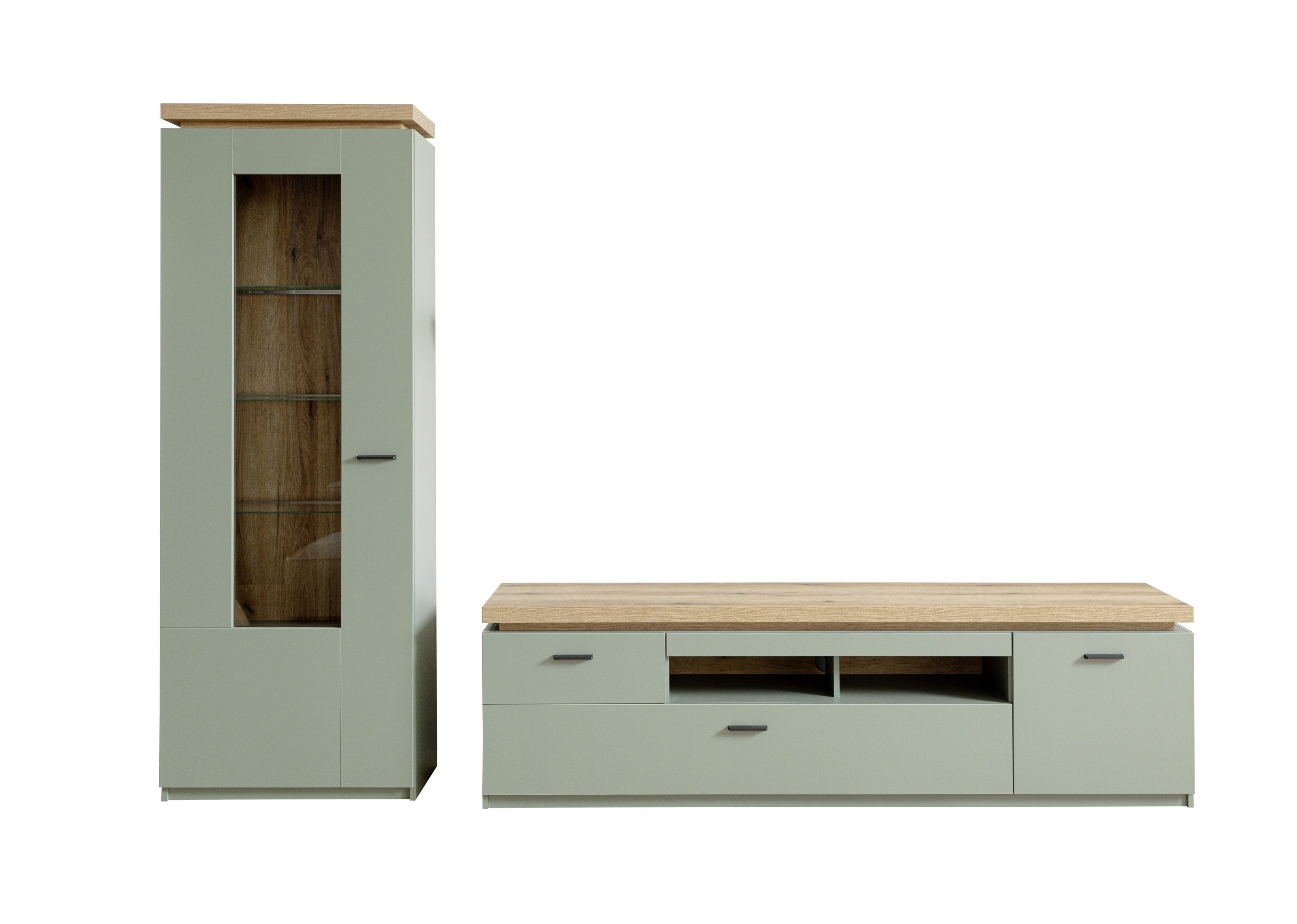 MCA furniture Wohnwand (2-teilig) Salbei / Eiche, Lowboard 195x57x44cm, Vitrine 70x197x38cm, (2-teilig)