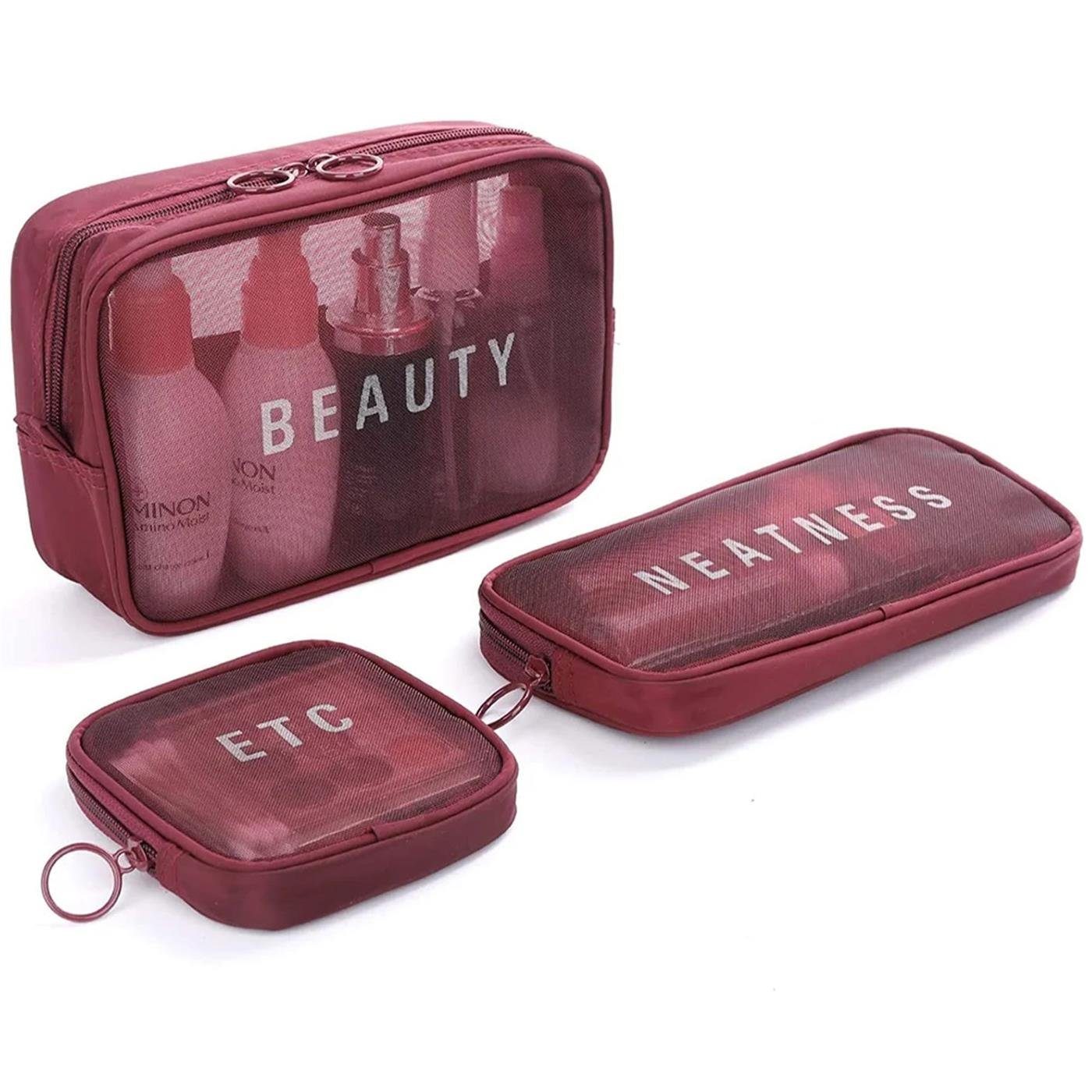 VERCO Kosmetiktasche Reise Make-Up Kulturbeutel Beautycase (3-tlg), Kosmetik Beutel Tasche Schminktasche Set Rot