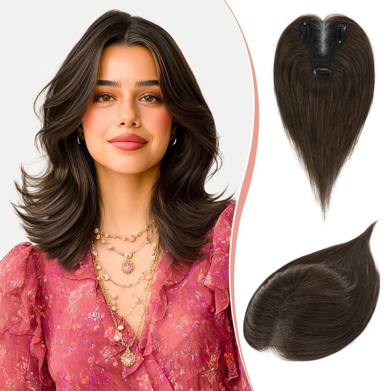 LuxusKollektion Echthaar-Extension Haar Topper Echthaar Clip in Dunkelbraun mit 15% Dunklem Kakaoblond